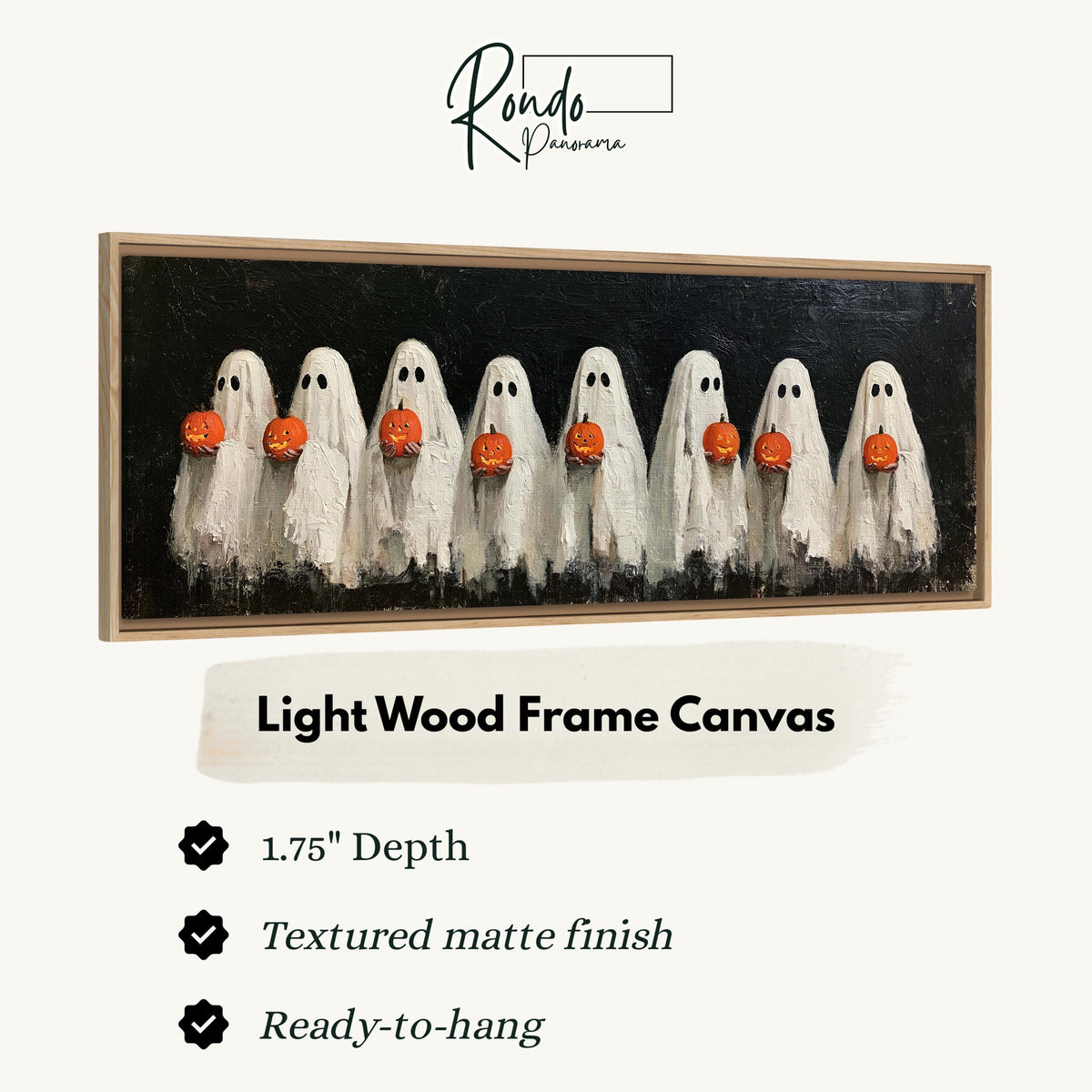 Crowd of huddled ghosts with pumpkins canvas print in a light wood floating frame