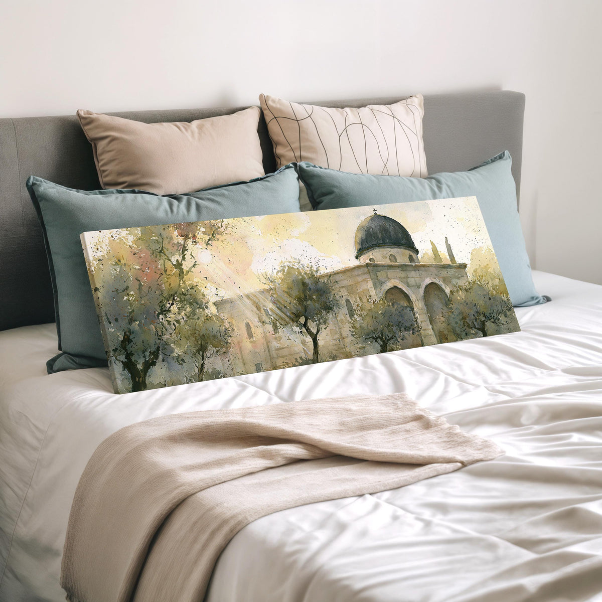 Sunlit dome in an olive grove wide panoramic canvas print laid on a bed to show its size
