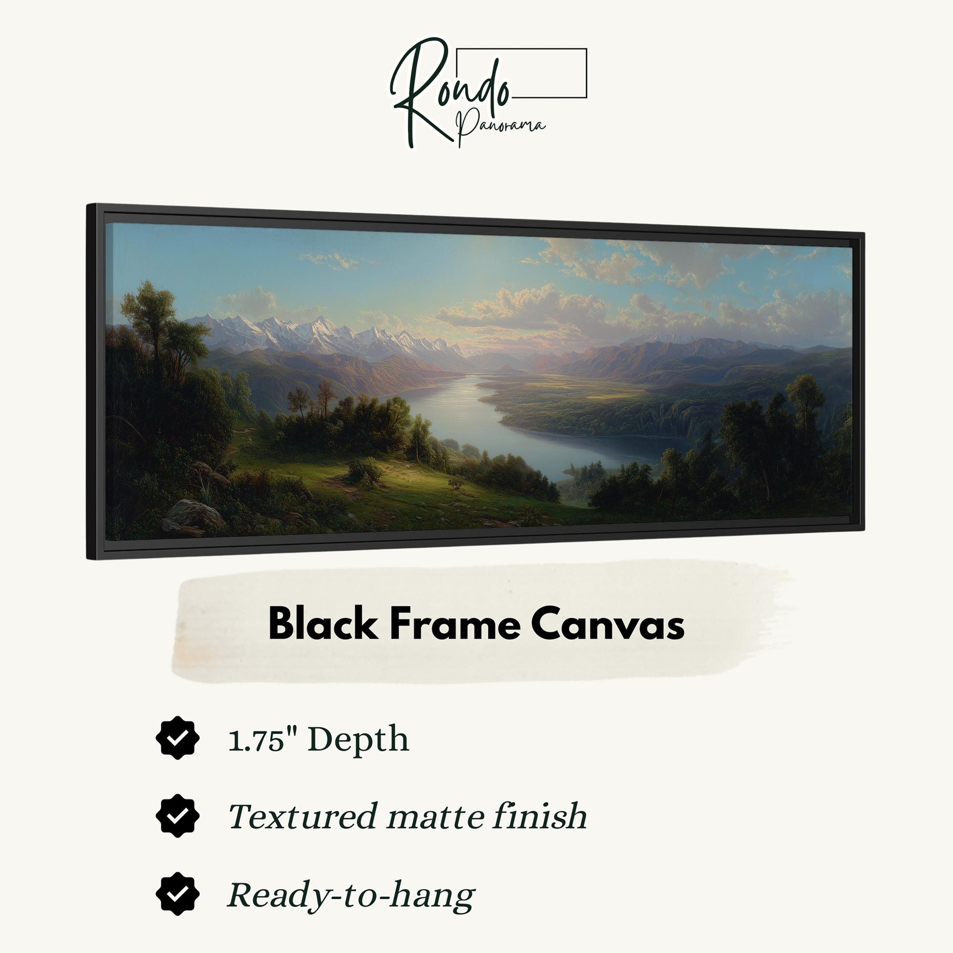 The image is a black frame canvas depicting a landscape with mountains, trees, and a river.