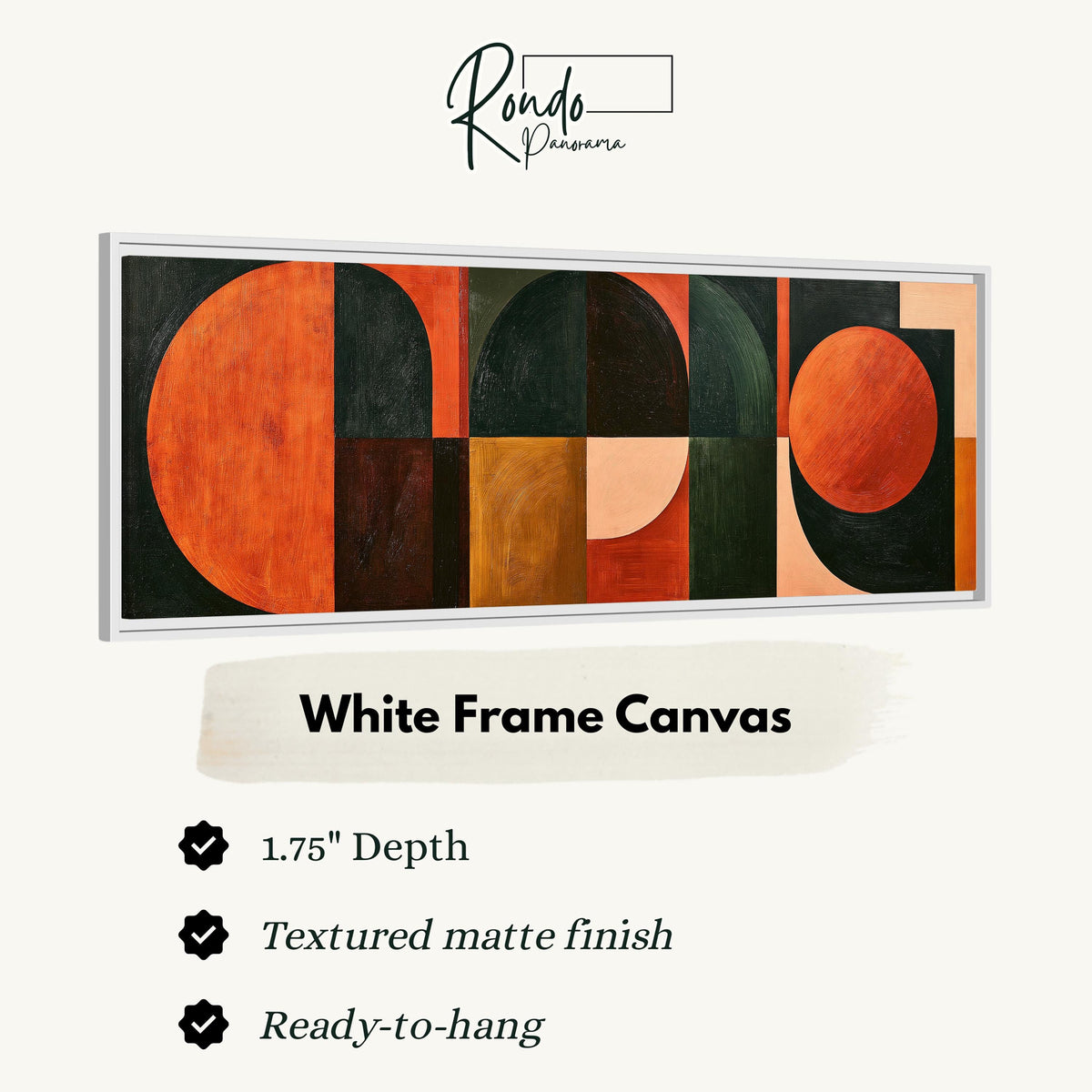 Orange circles and arches on forest green canvas print in a white floating frame