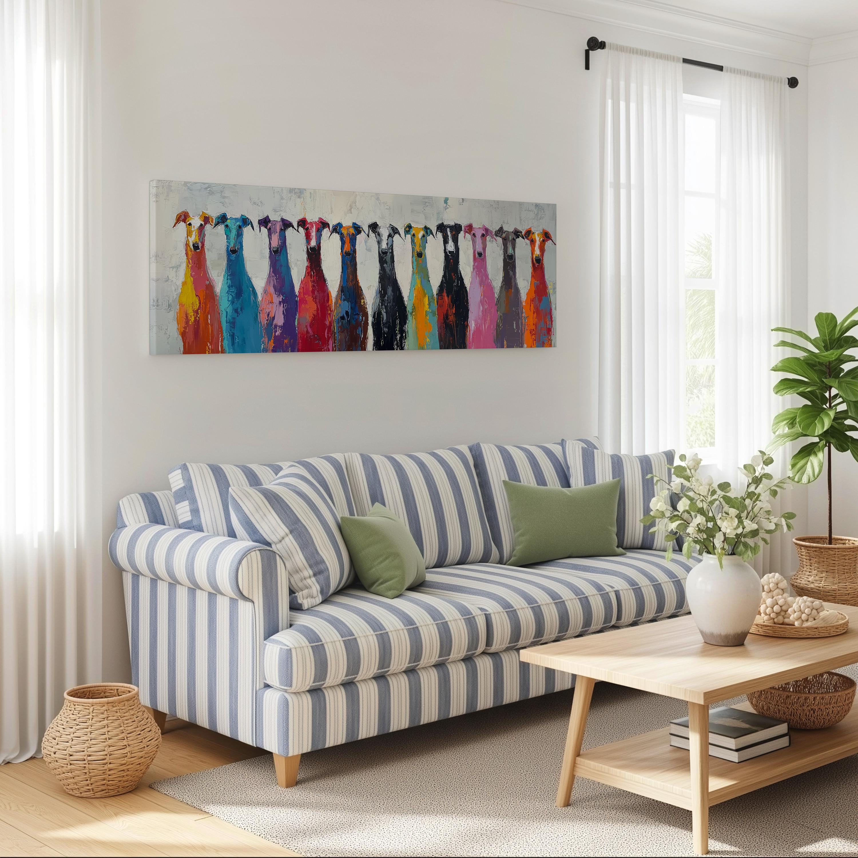 a cozy living room with a striped blue and white sofa, a wooden coffee table, and a large painting of colorful dogs hanging on the wall above the sofa.