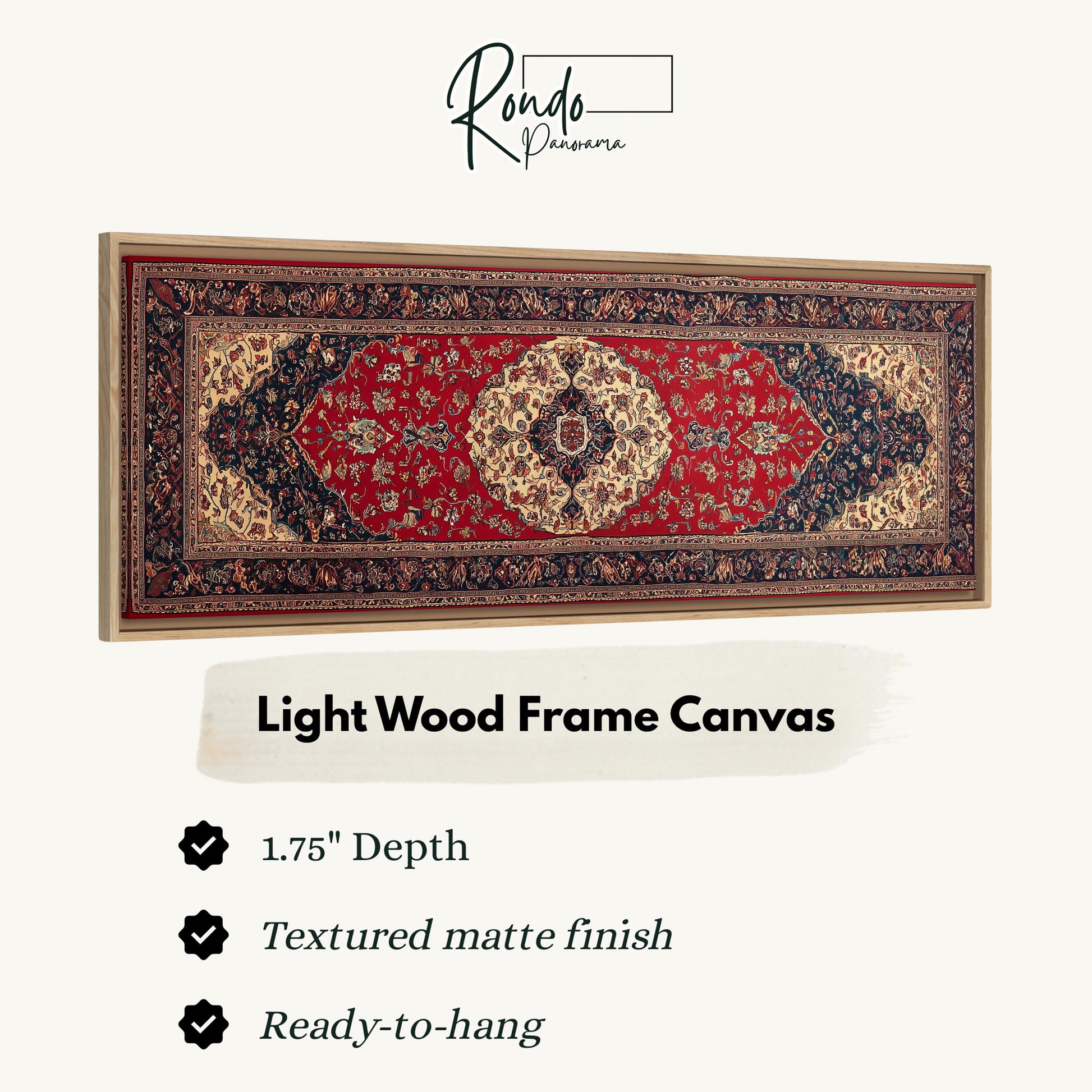 a large, light wood frame canvas with a detailed, intricate design on a red background.