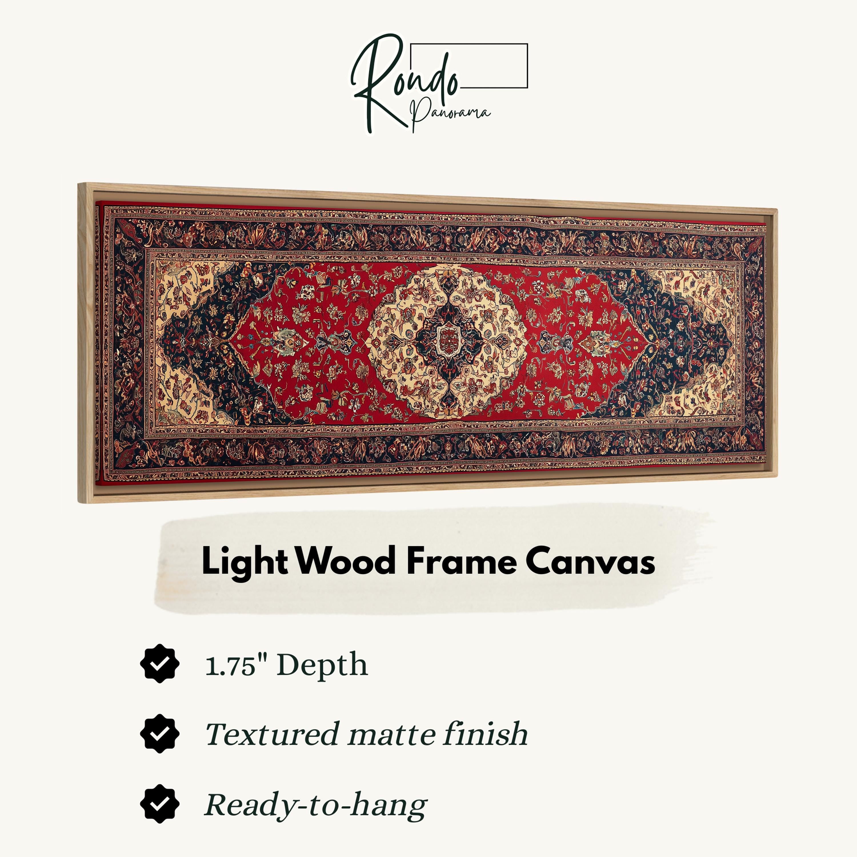 a large, light wood frame canvas with a detailed, intricate design on a red background.