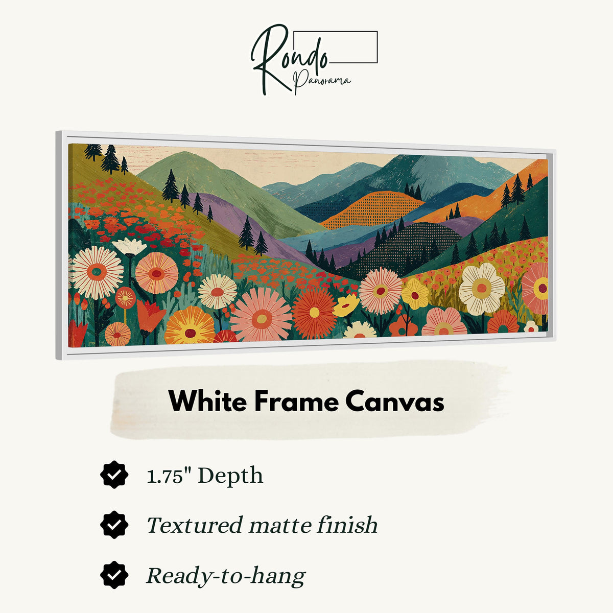 Wildflower valley below patterned mountains canvas print in a white floating frame