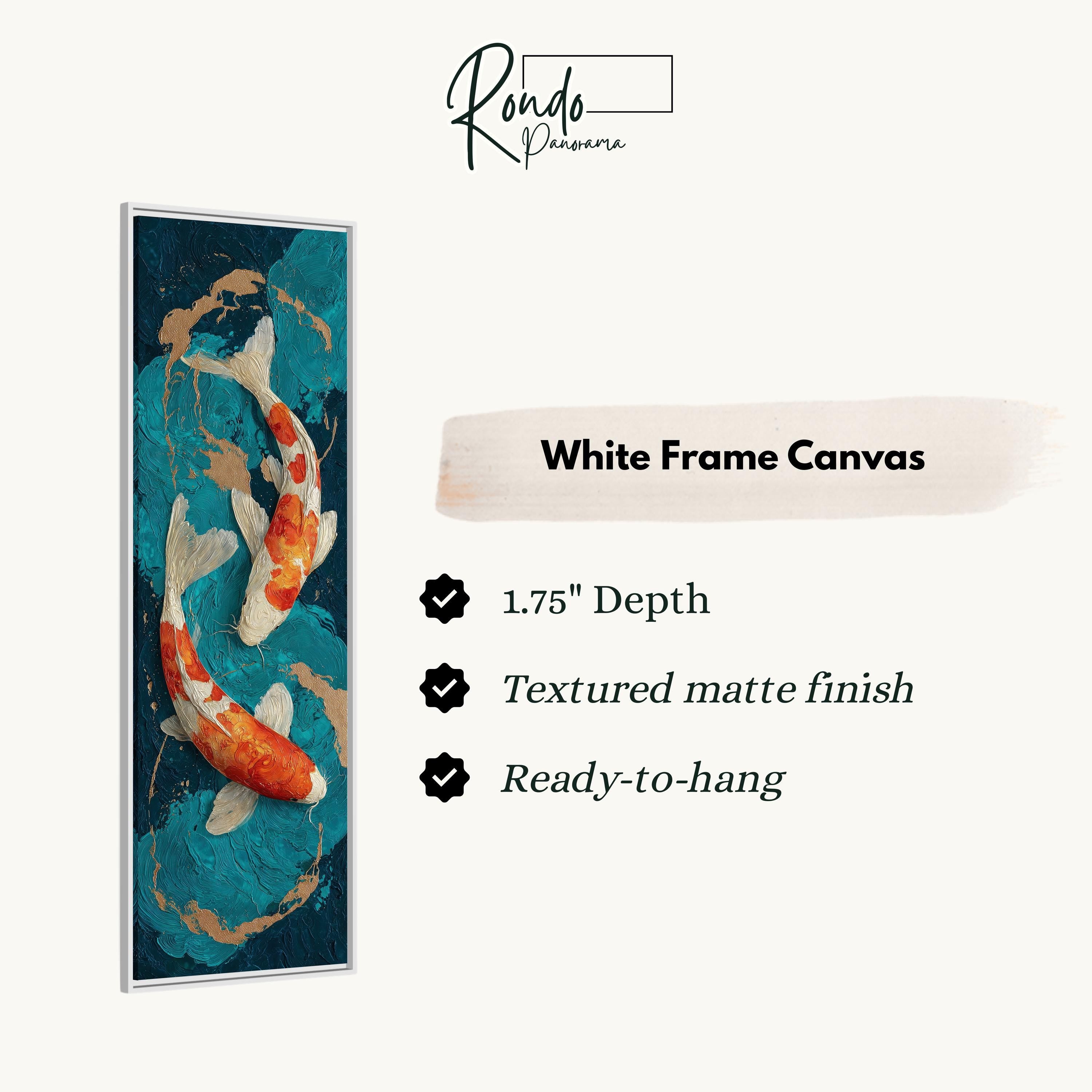 The image is a white frame canvas featuring a painting of two koi fish swimming in a blue and green water background.