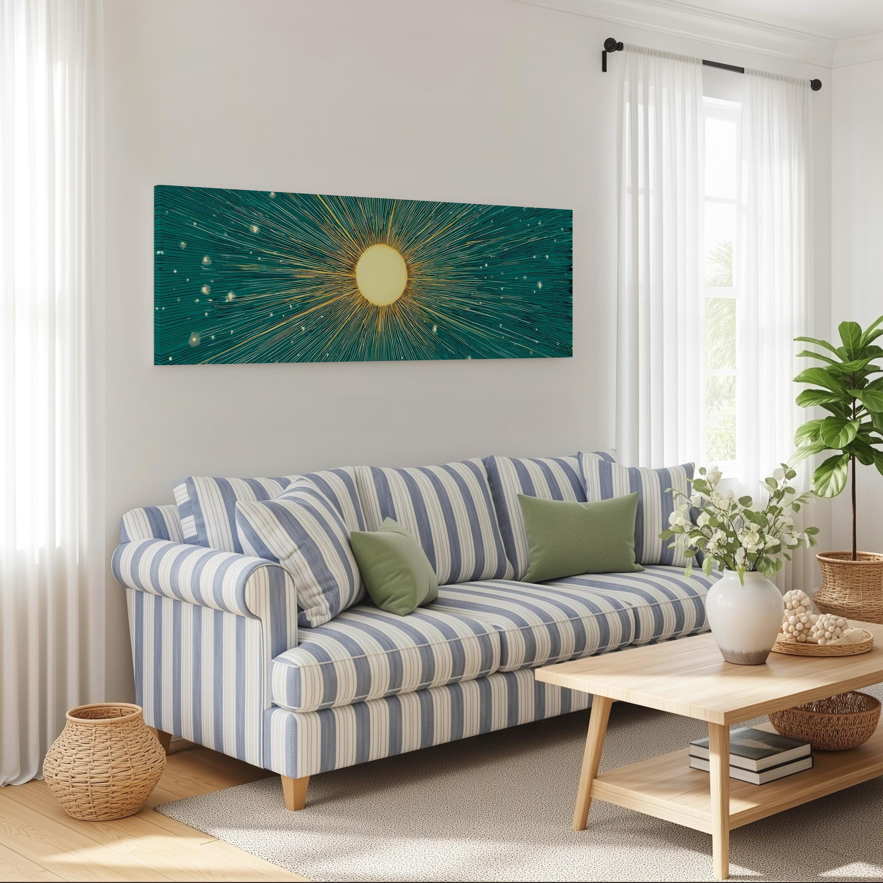a cozy living room with a striped blue and white sofa, a wooden coffee table, and a large abstract painting on the wall.