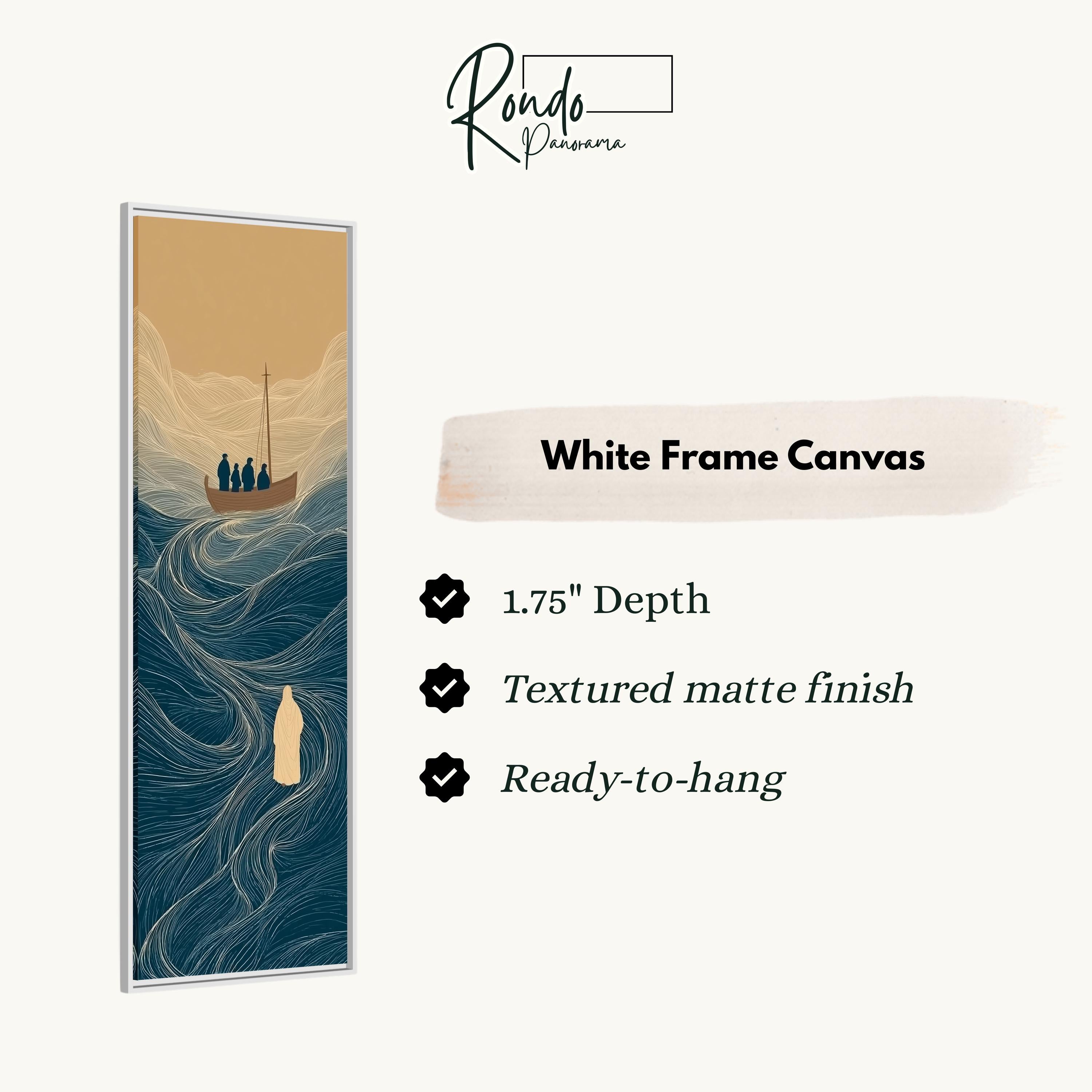 The image is a white frame canvas depicting a boat on a body of water, with a text box providing information about the frame.