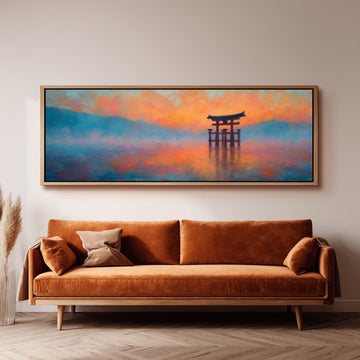 a large, rectangular painting hanging on a wall above a brown sofa.