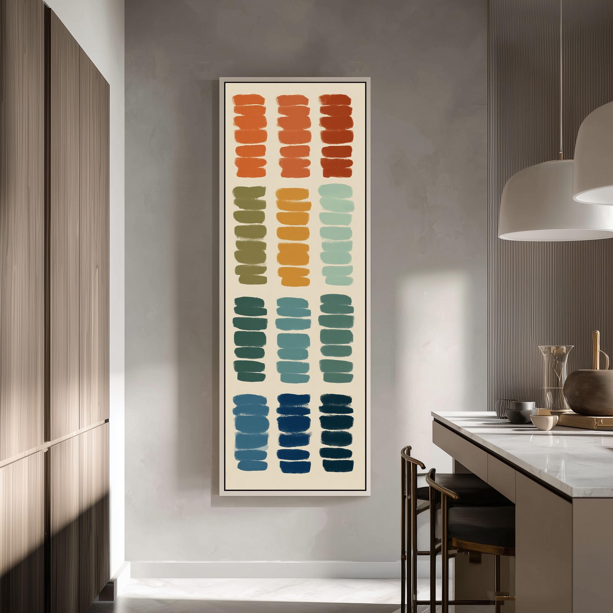 a modern kitchen with a large abstract painting hanging on the wall. The painting consists of a vertical arrangement of various colored squares, creating a vibrant and dynamic visual effect. The kitchen is well-equipped with a counter, chairs, and other modern appliances, creating a stylish and functional space.