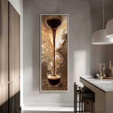 a large painting of a glass of coffee with a swirling pattern of liquid, hanging on a wall in a modern kitchen.