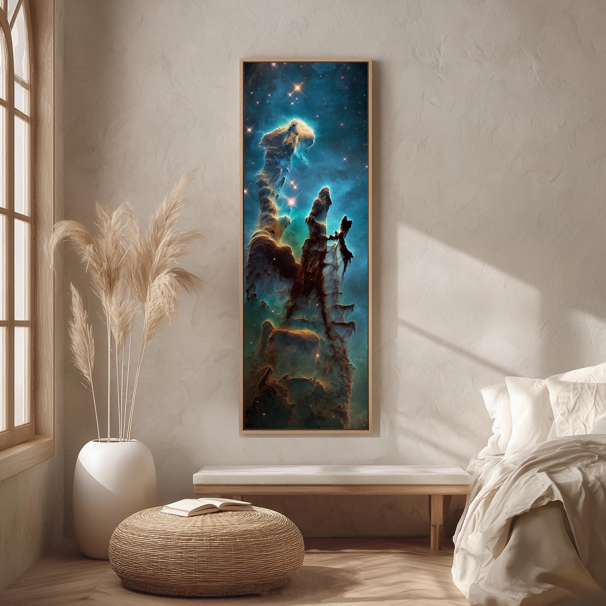 a large, colorful painting of a nebula hanging on a wall in a room with a bed, a potted plant, and a woven ottoman.