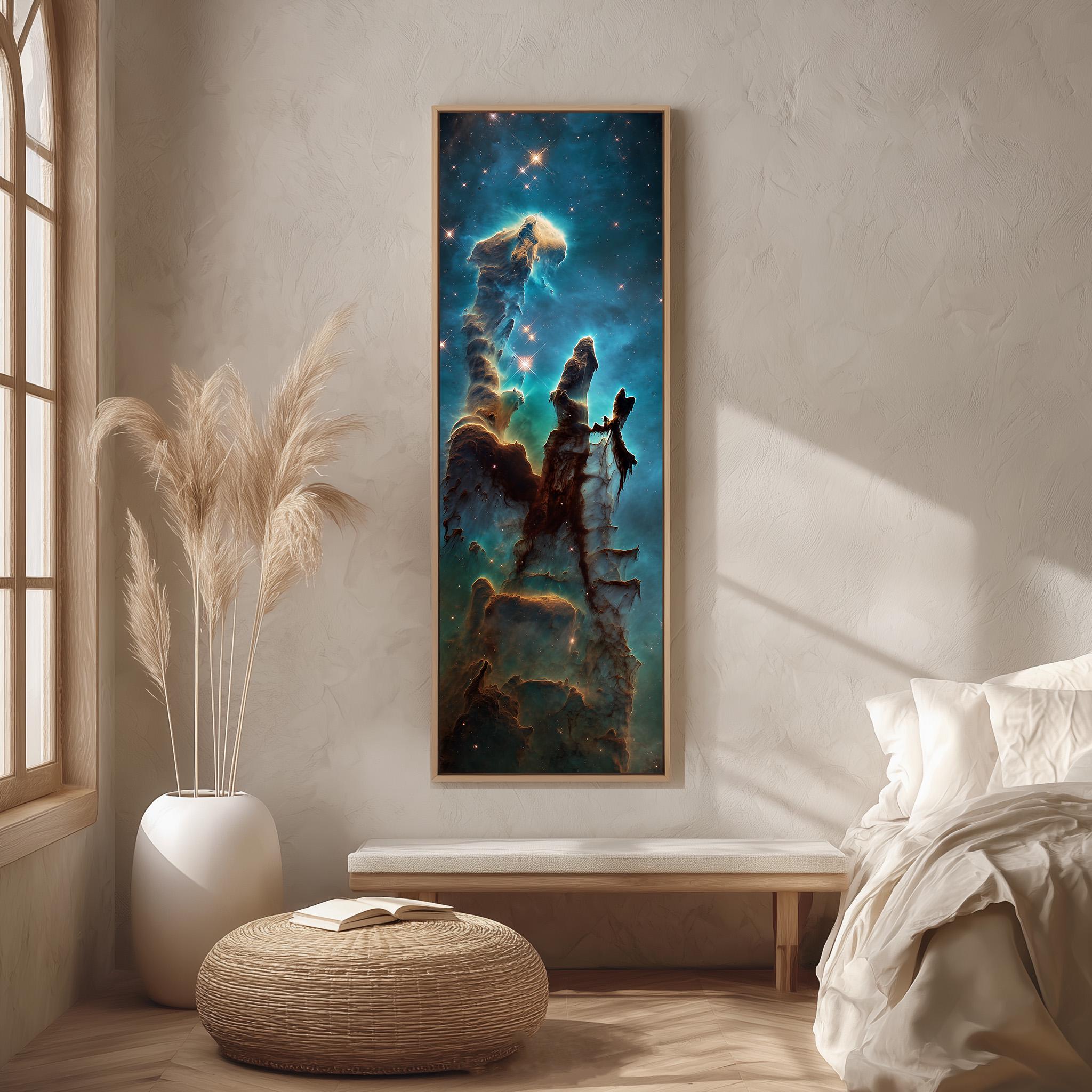a large, colorful painting of a nebula hanging on a wall in a room with a bed, a potted plant, and a woven ottoman.
