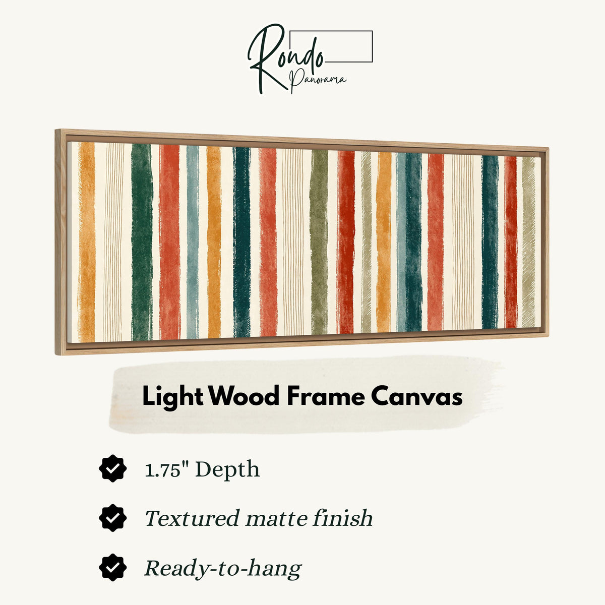 Boho watercolor stripes in mustard, teal and rust canvas print in a light wood floating frame