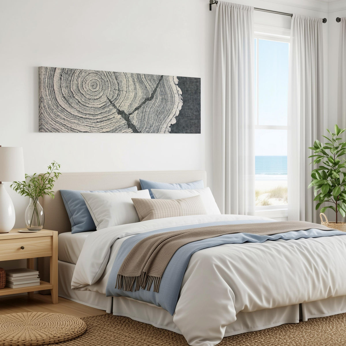 Grey tree ring on linen texture panoramic canvas print above a bed in a coastal bedroom