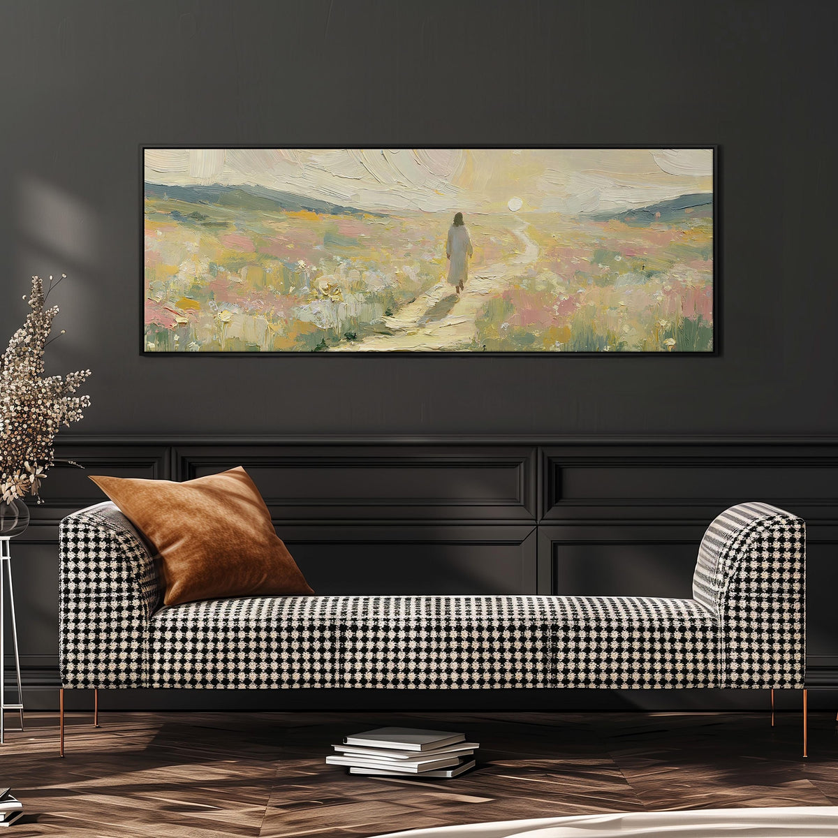 Jesus walking a pastel meadow path wide panoramic canvas print above a bench in a dark living room