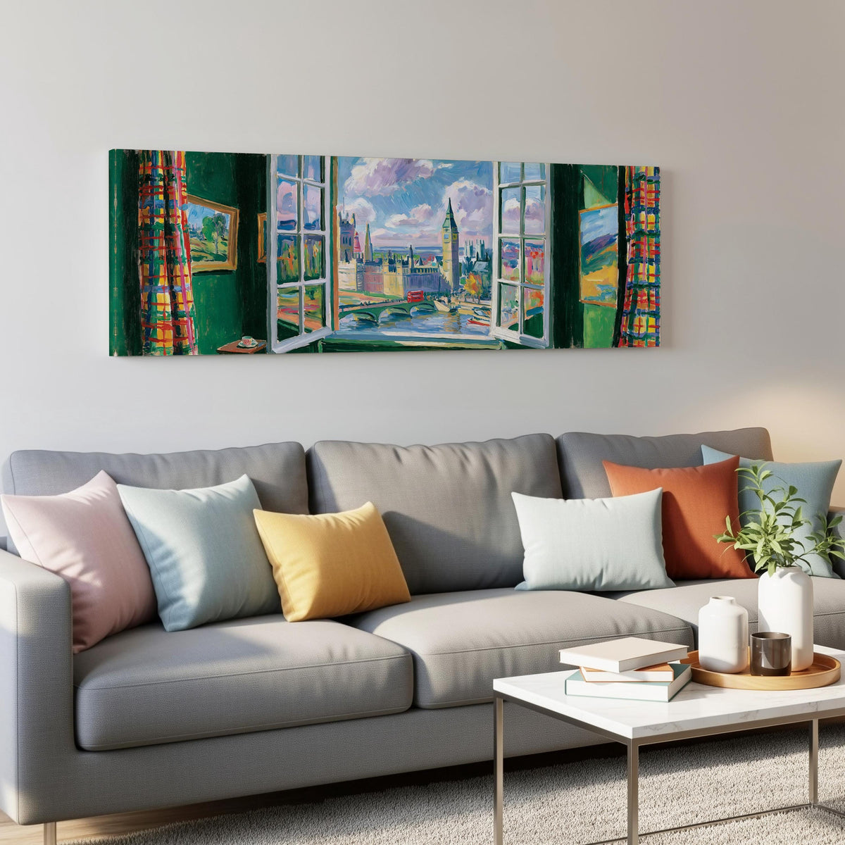 London and Big Ben through a green room window panoramic canvas print above a grey sofa in a living room
