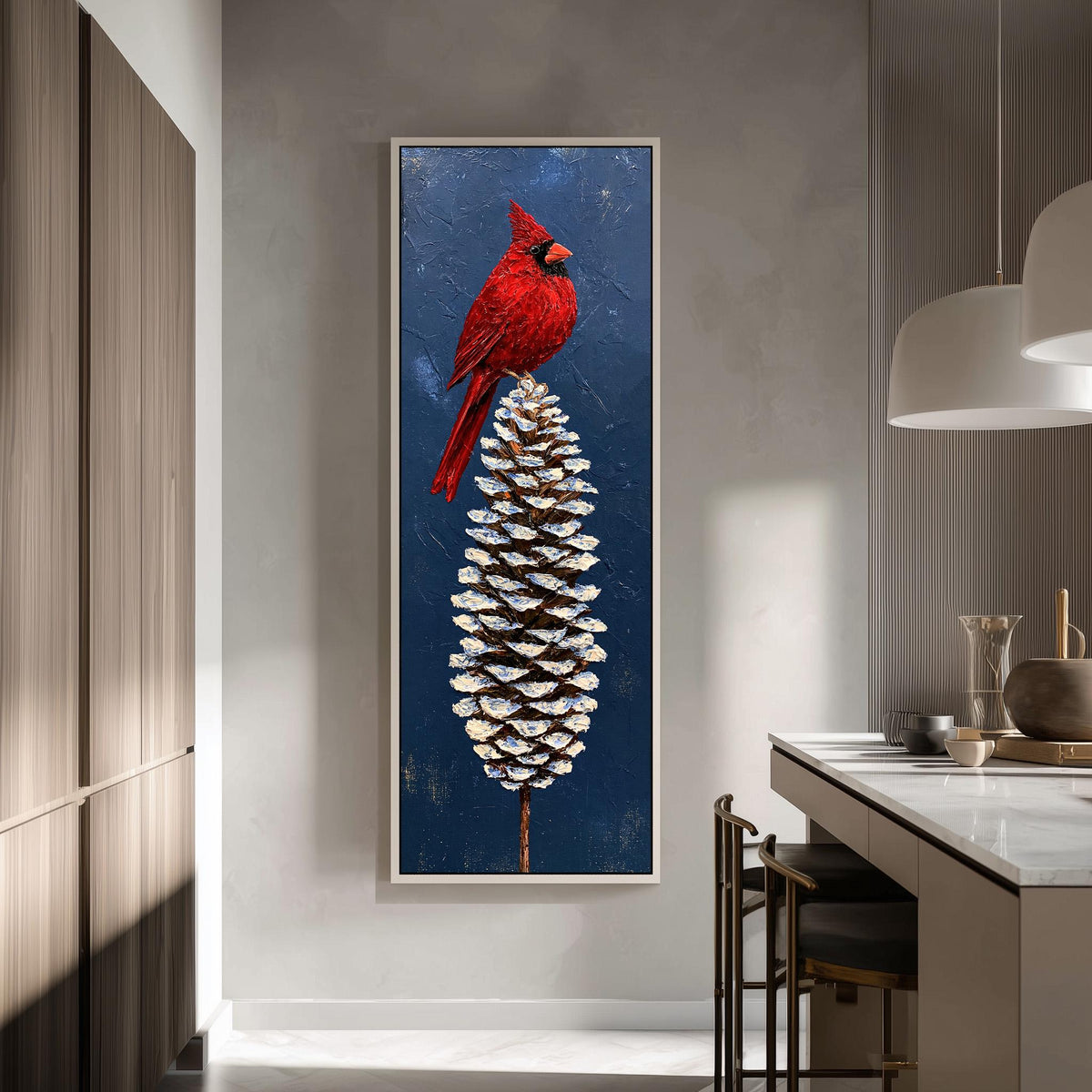 Red cardinal perched on a snowy pinecone tall skinny canvas print in a modern kitchen