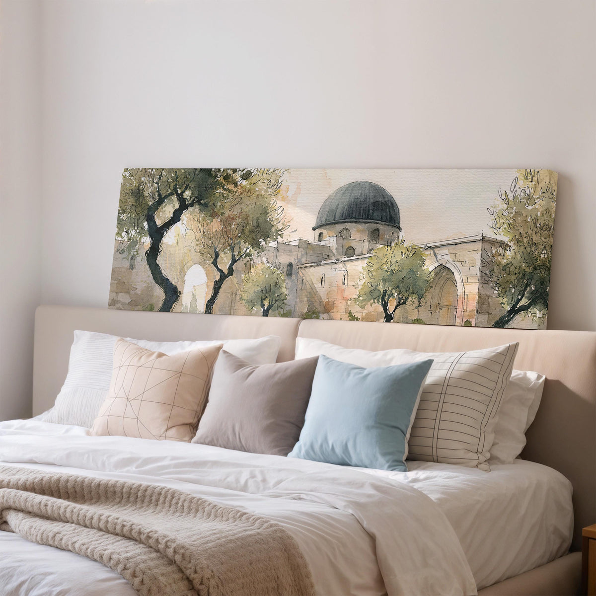 Old stone dome in a sketch style wide panoramic canvas print above a bed in a bedroom
