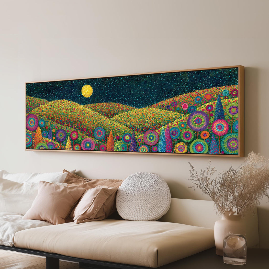 Moonlit flower hills long horizontal canvas print above a sofa in a living room