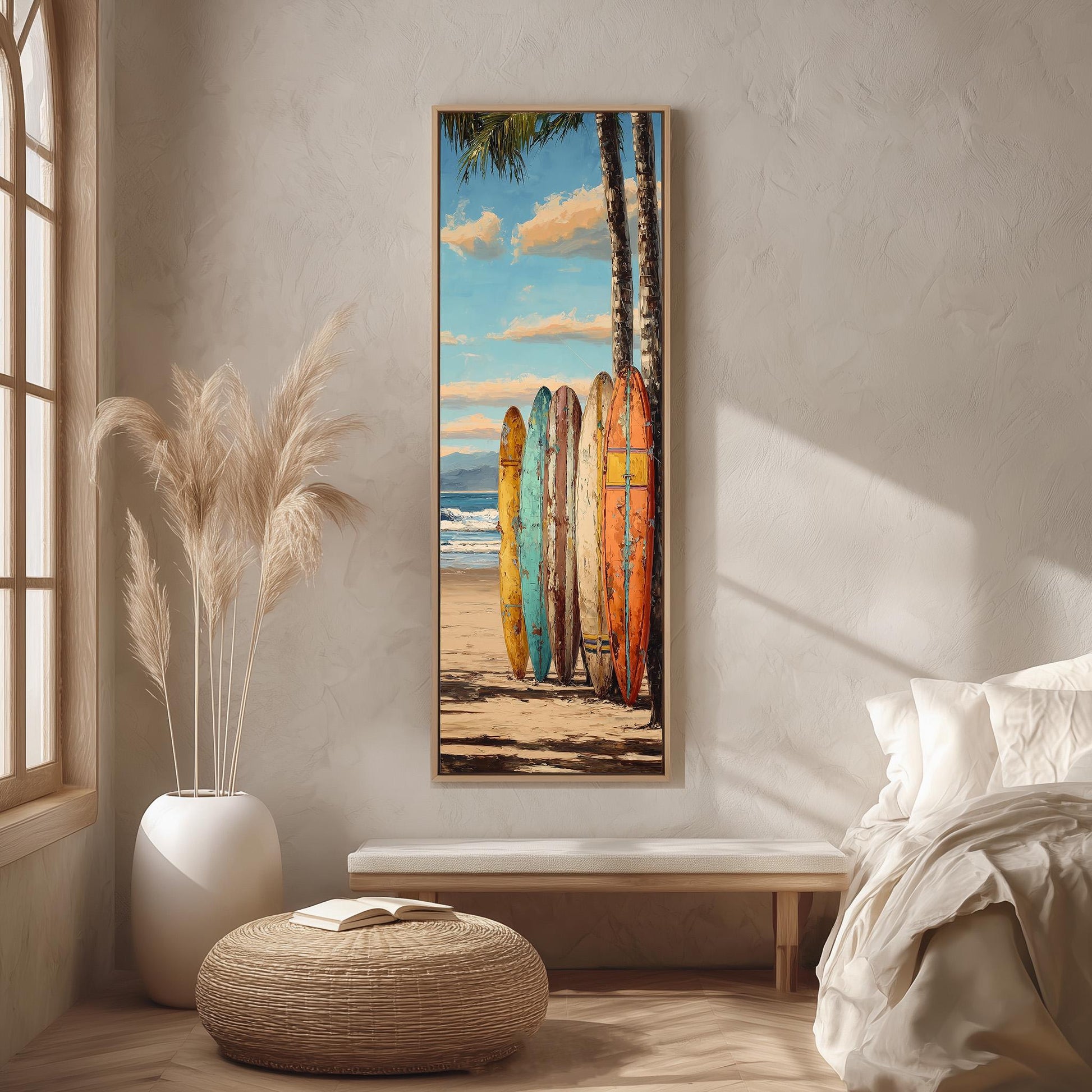 a beach scene with a row of colorful surfboards leaning against a wall, and a palm tree in the background.