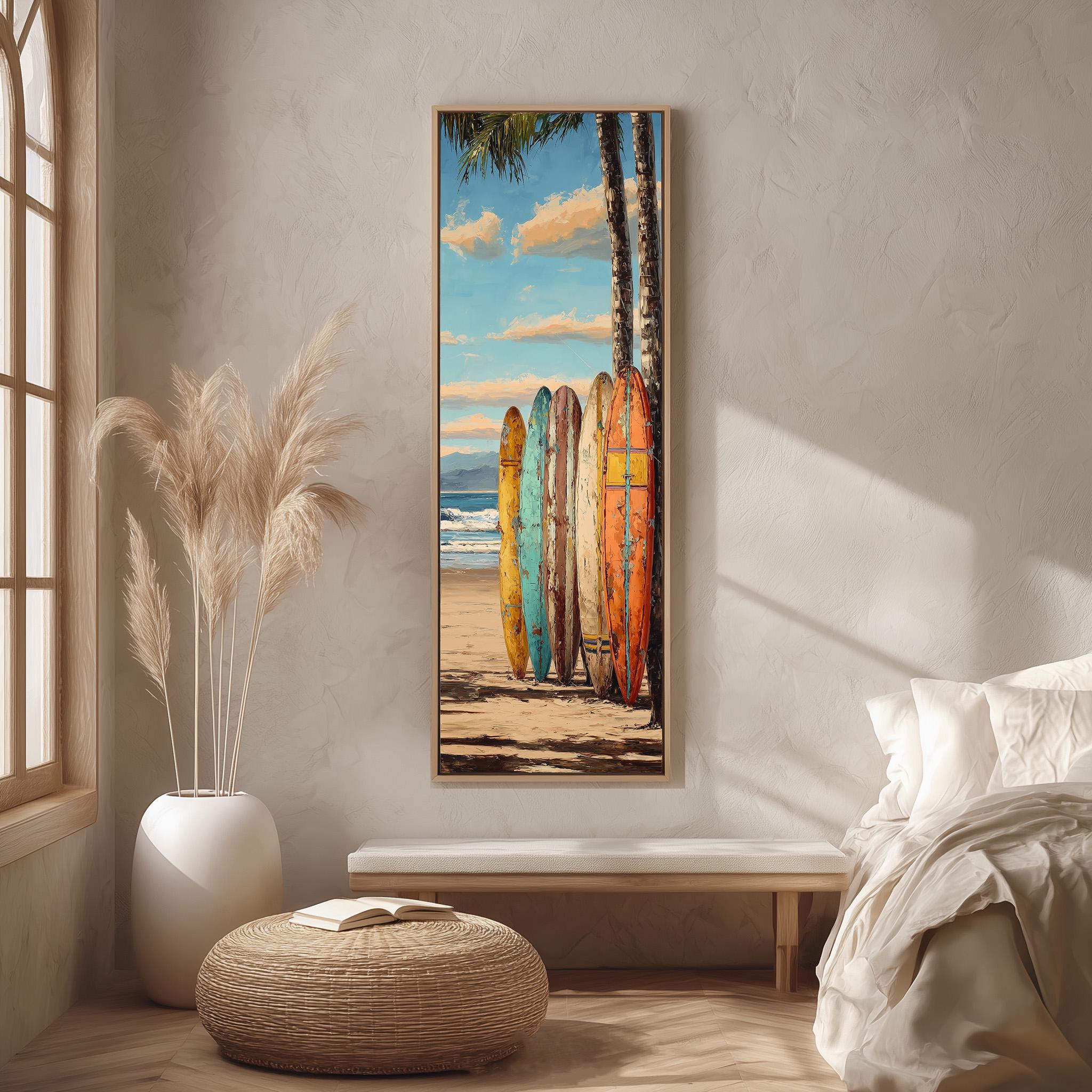 a beach scene with a row of colorful surfboards leaning against a wall, and a palm tree in the background.