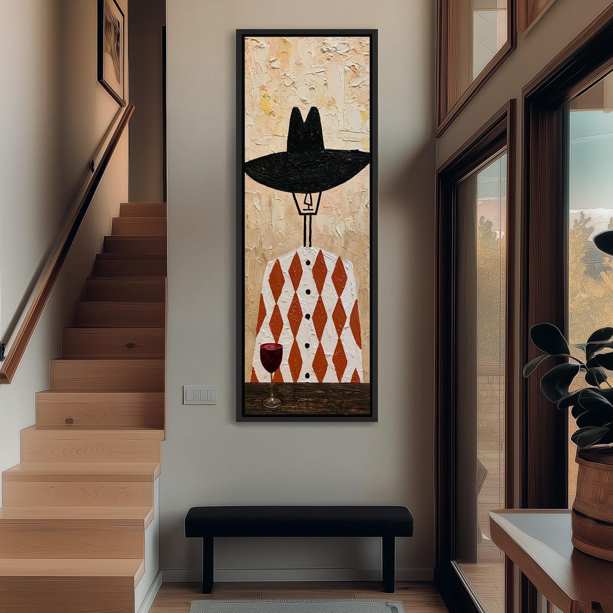 Folk figure in a black hat with red wine tall narrow canvas print beside a staircase in an entryway
