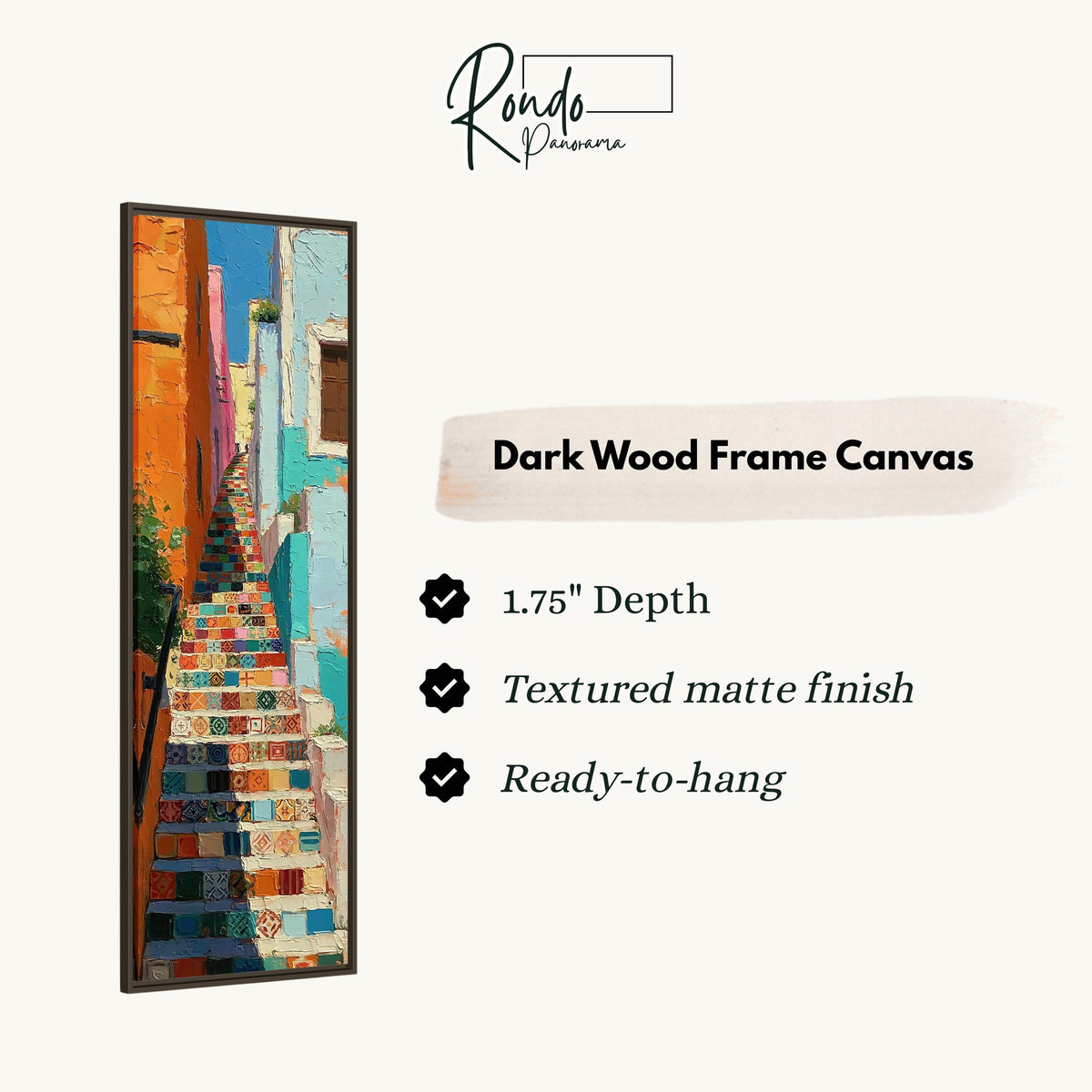 Rainbow tiled staircase in a narrow alley canvas print in a dark wood floating frame