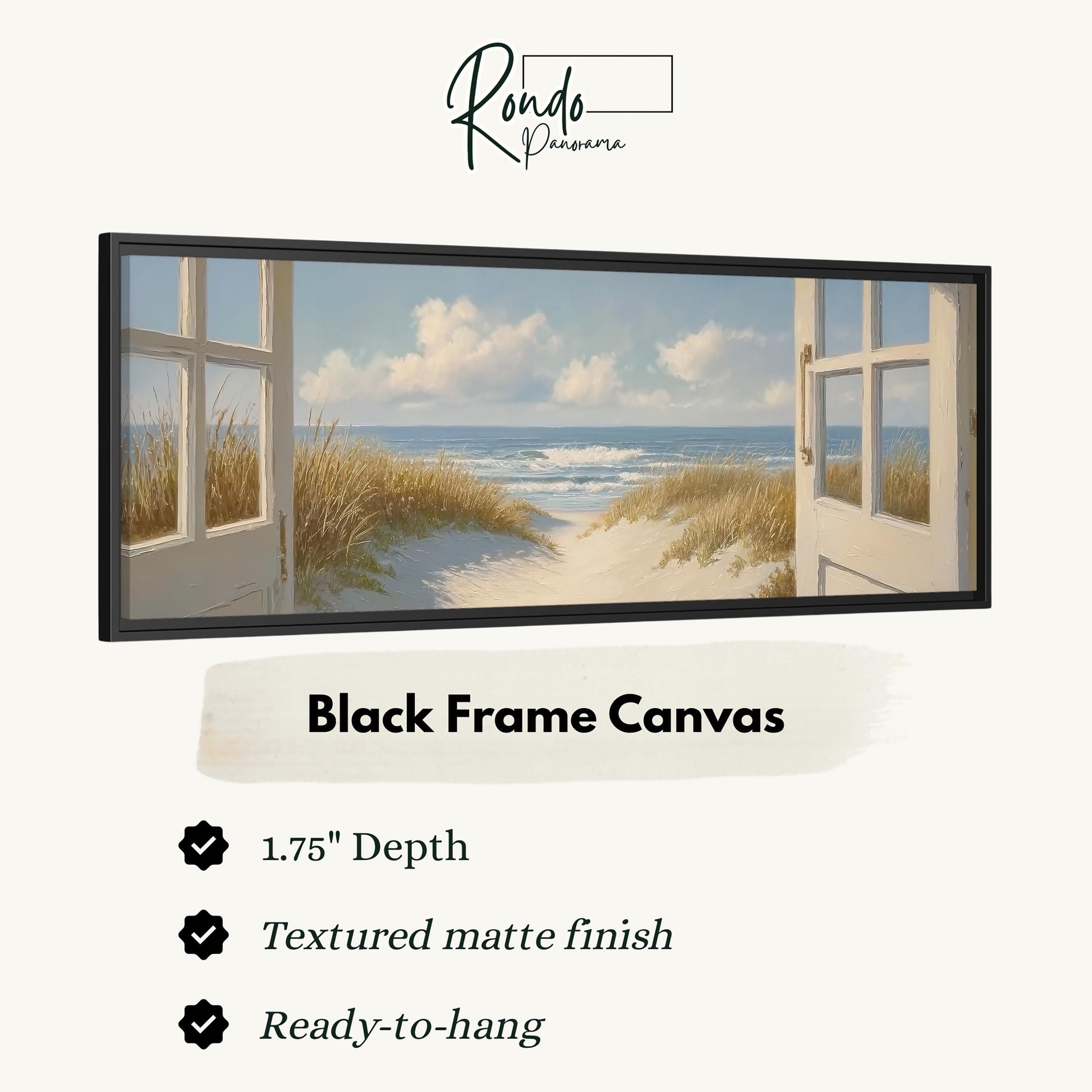The image is a black frame canvas depicting a beach scene with open doors leading to the beach.