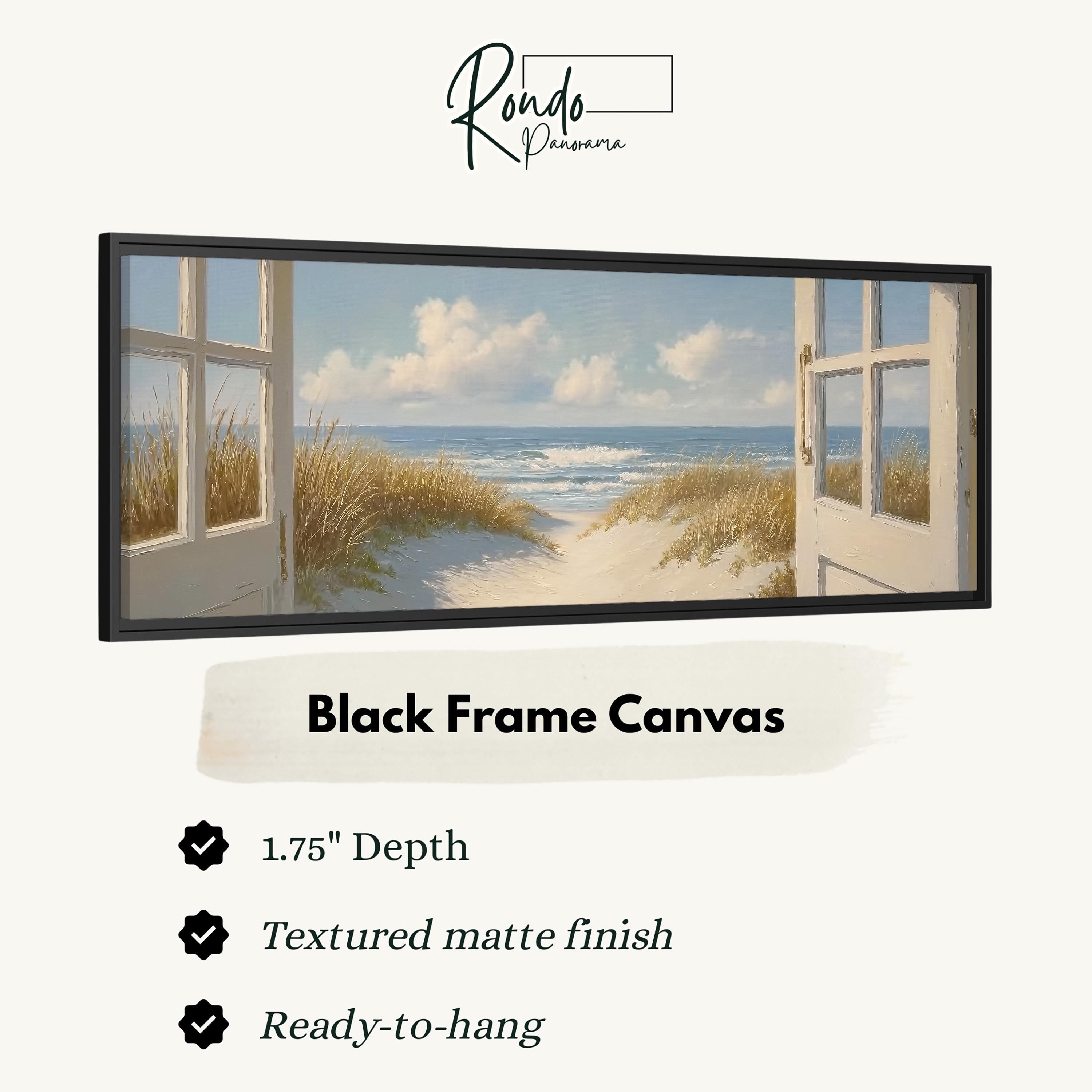 The image is a black frame canvas depicting a beach scene with open doors leading to the beach.