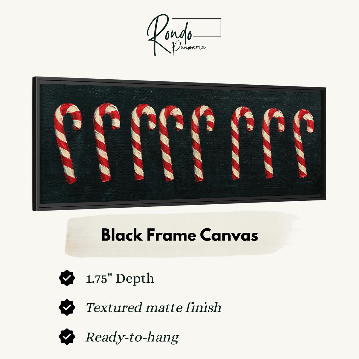Row of candy canes on black canvas print in a black floating frame