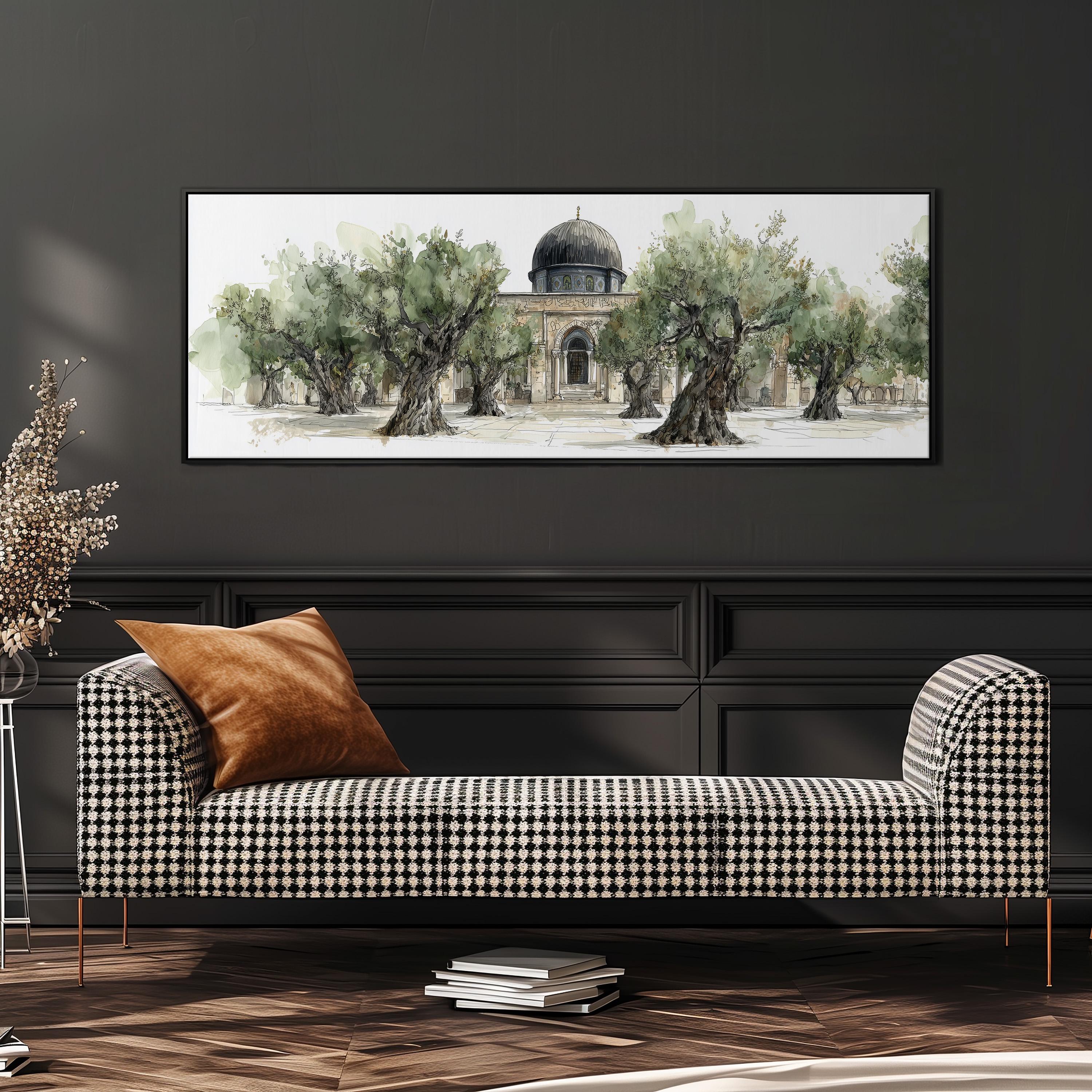 a large painting of a building with a dome, surrounded by trees, hanging on a wall above a black and white checkered sofa with a brown throw pillow.