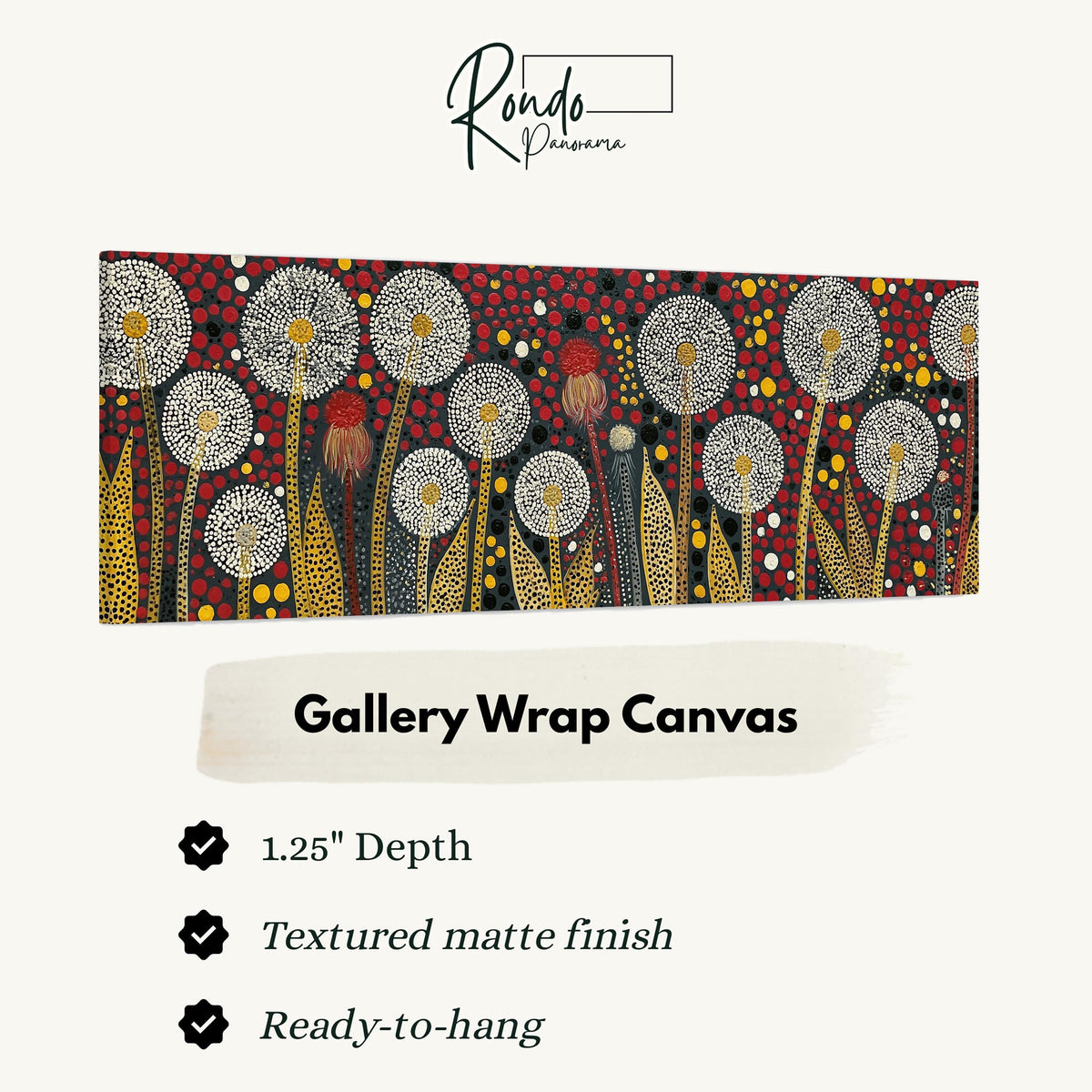 Dotted dandelions on deep red gallery wrap canvas with the image wrapped around the edges