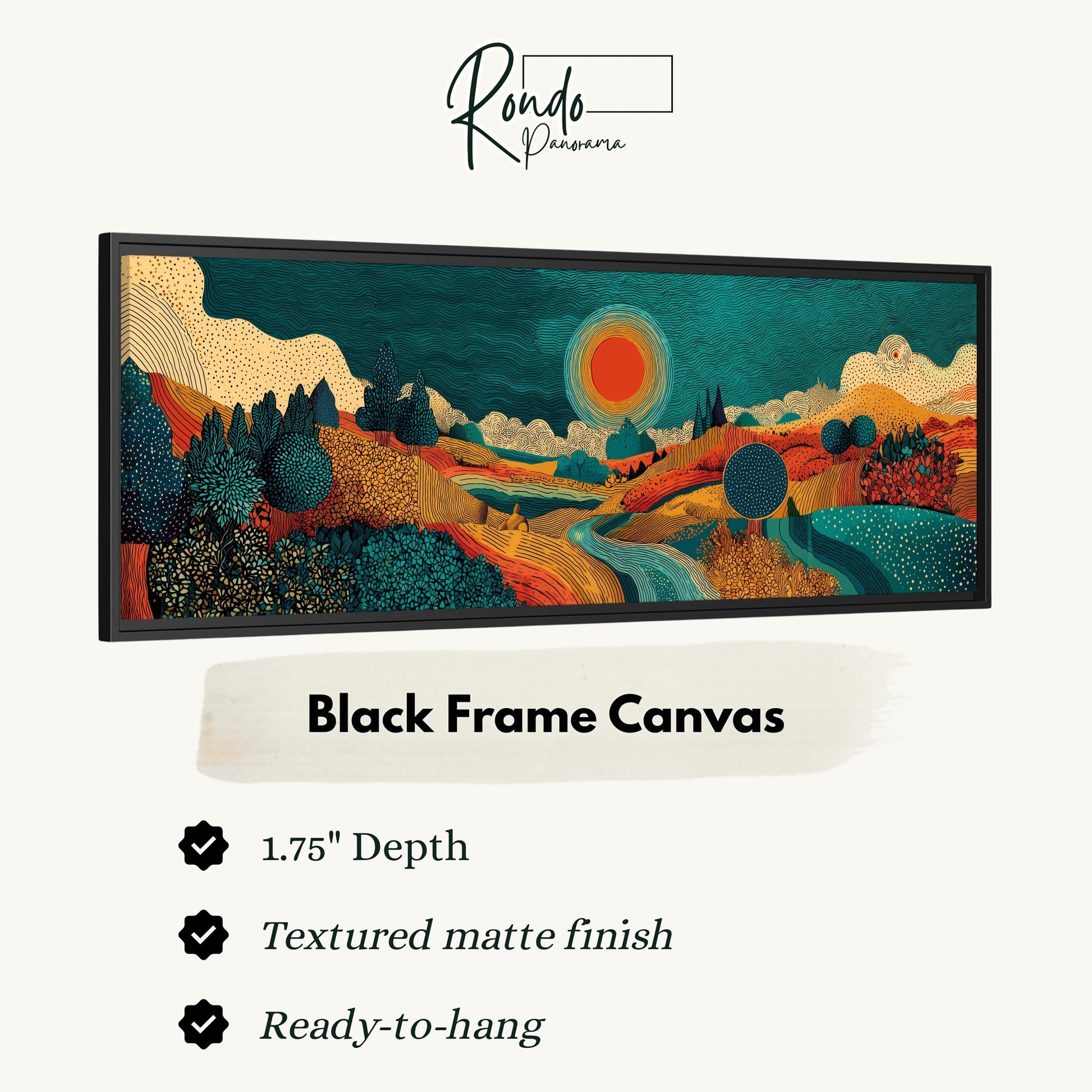 The image is a black frame canvas with a vibrant landscape scene depicting a sun, mountains, trees, and a winding river.