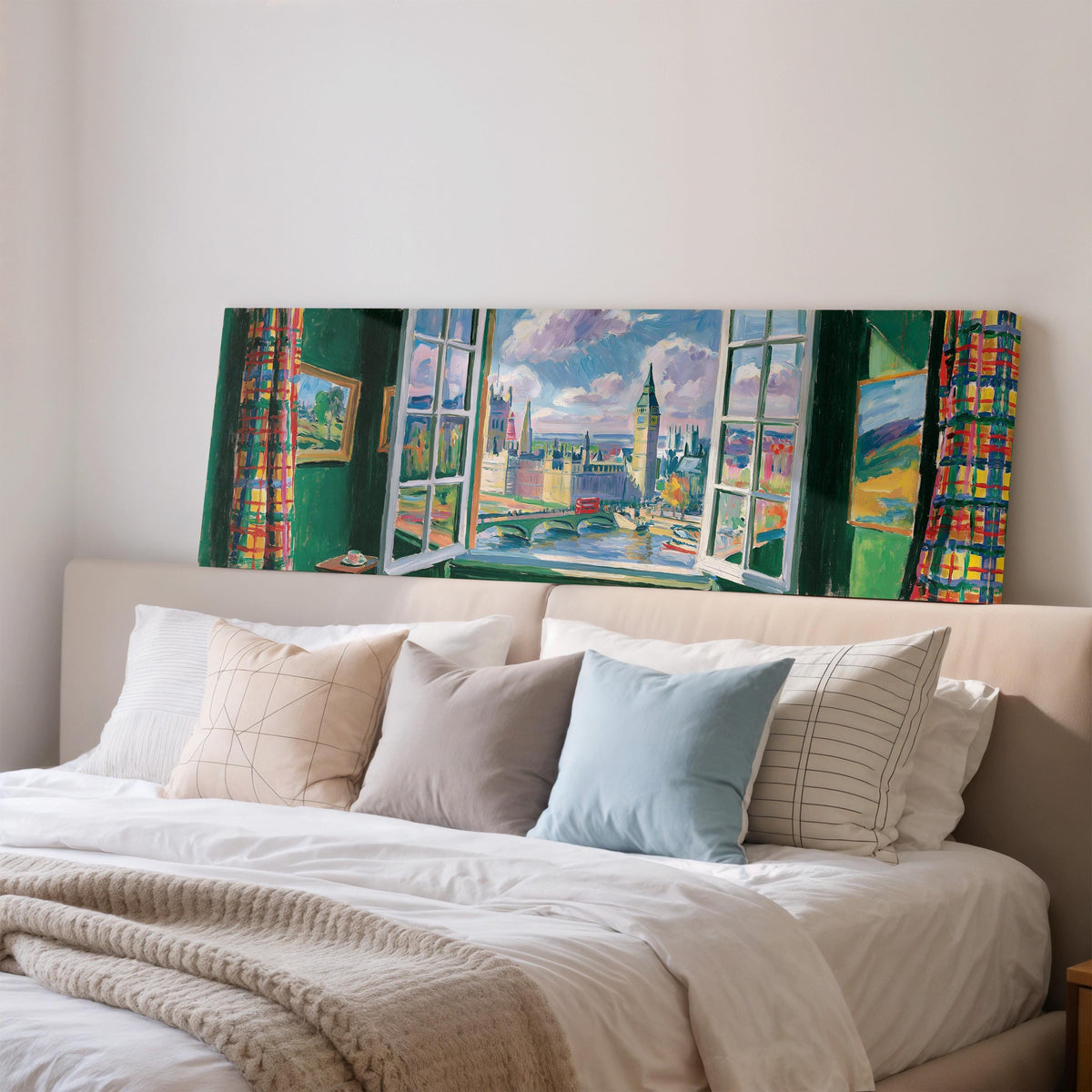London and Big Ben through a green room window wide panoramic canvas print above a bed in a bedroom