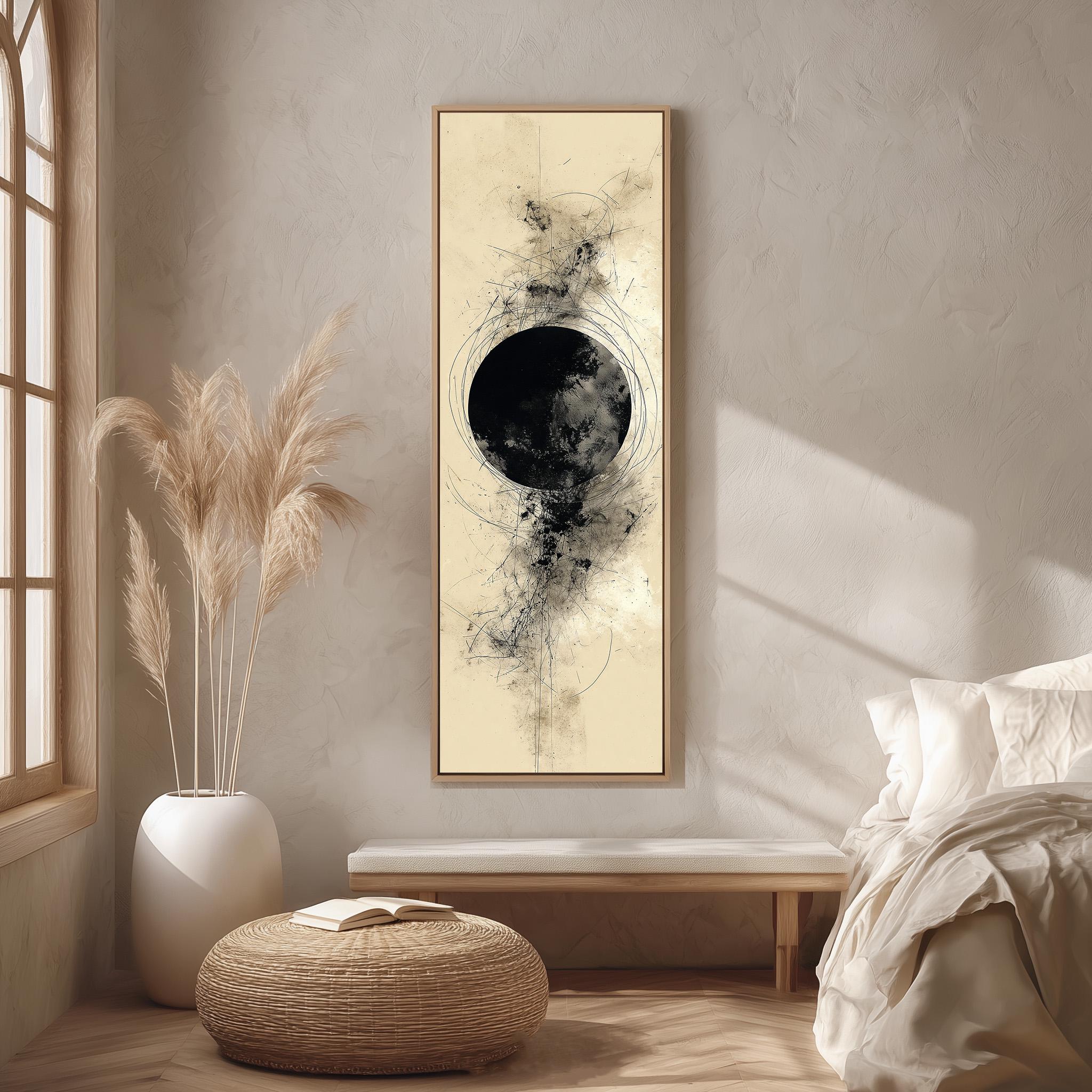 a serene and minimalist bedroom setting, featuring a large abstract painting on the wall, a bed with white bedding, a potted plant, and a woven ottoman.