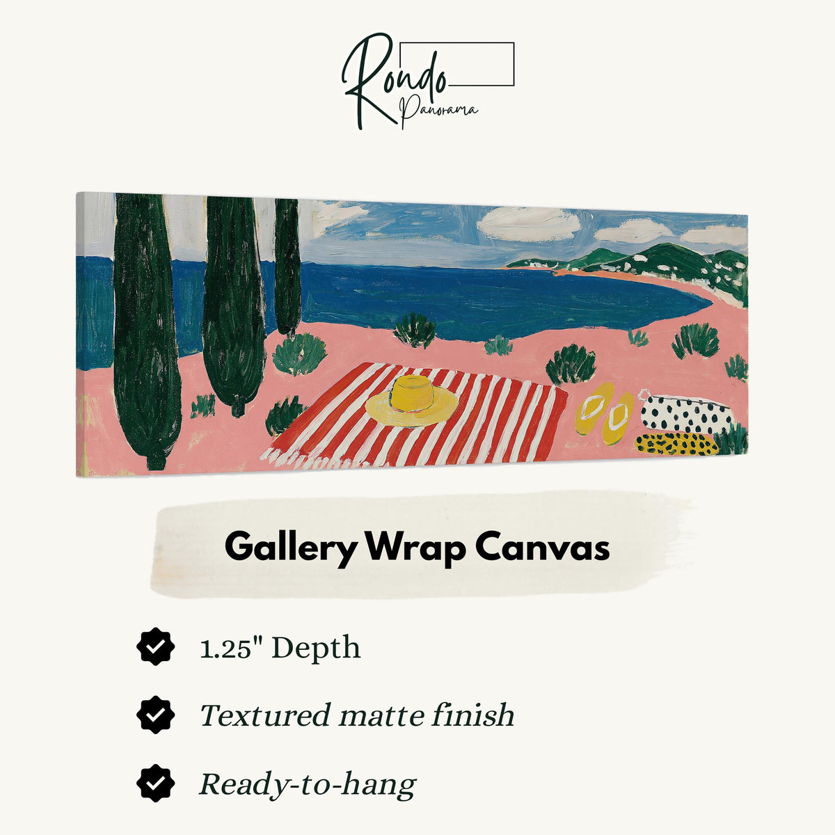 Mediterranean beach day with a striped towel gallery wrap canvas with the image wrapped around the edges