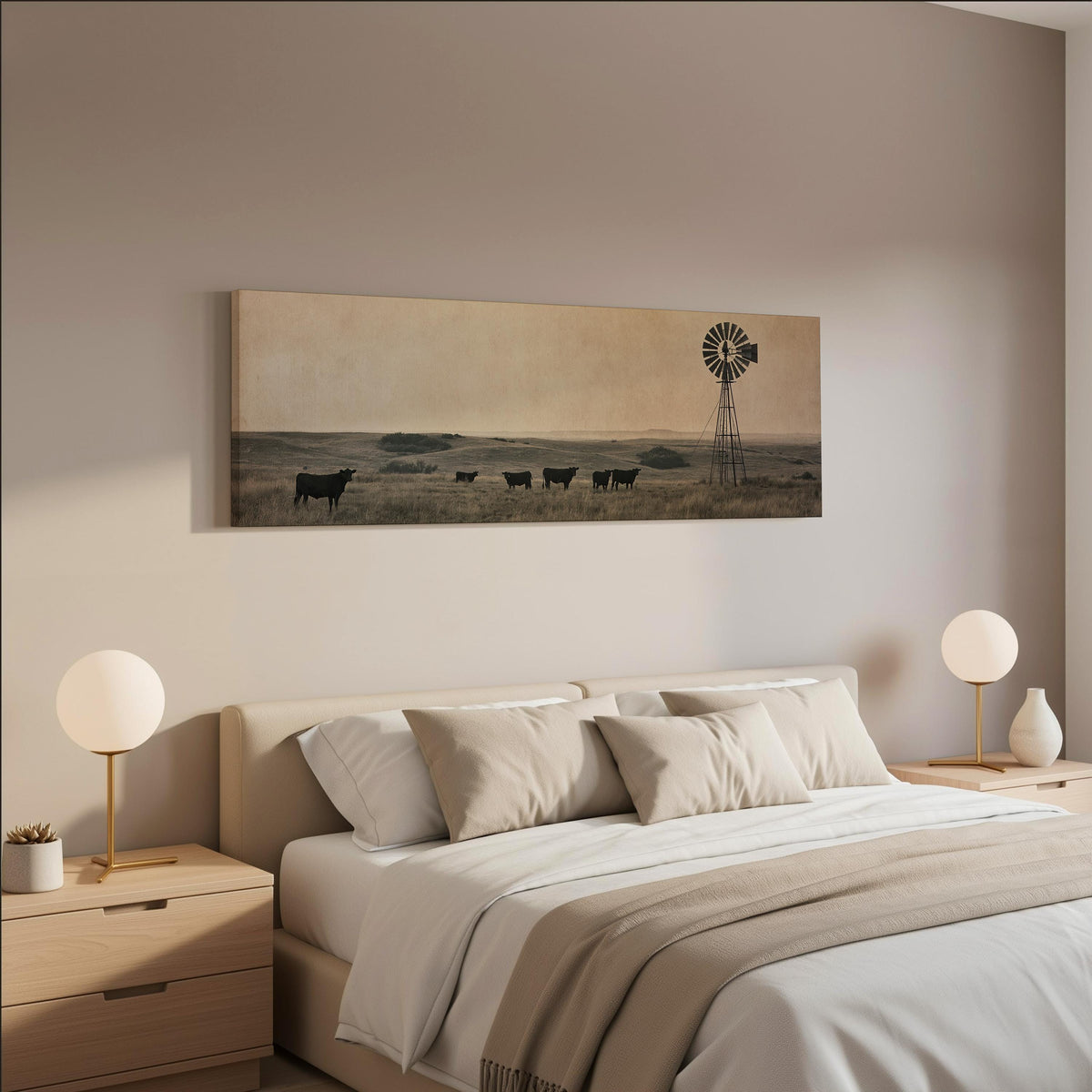 Black cattle grazing by a windmill on the prairie wide panoramic canvas print above a bed in a neutral bedroom