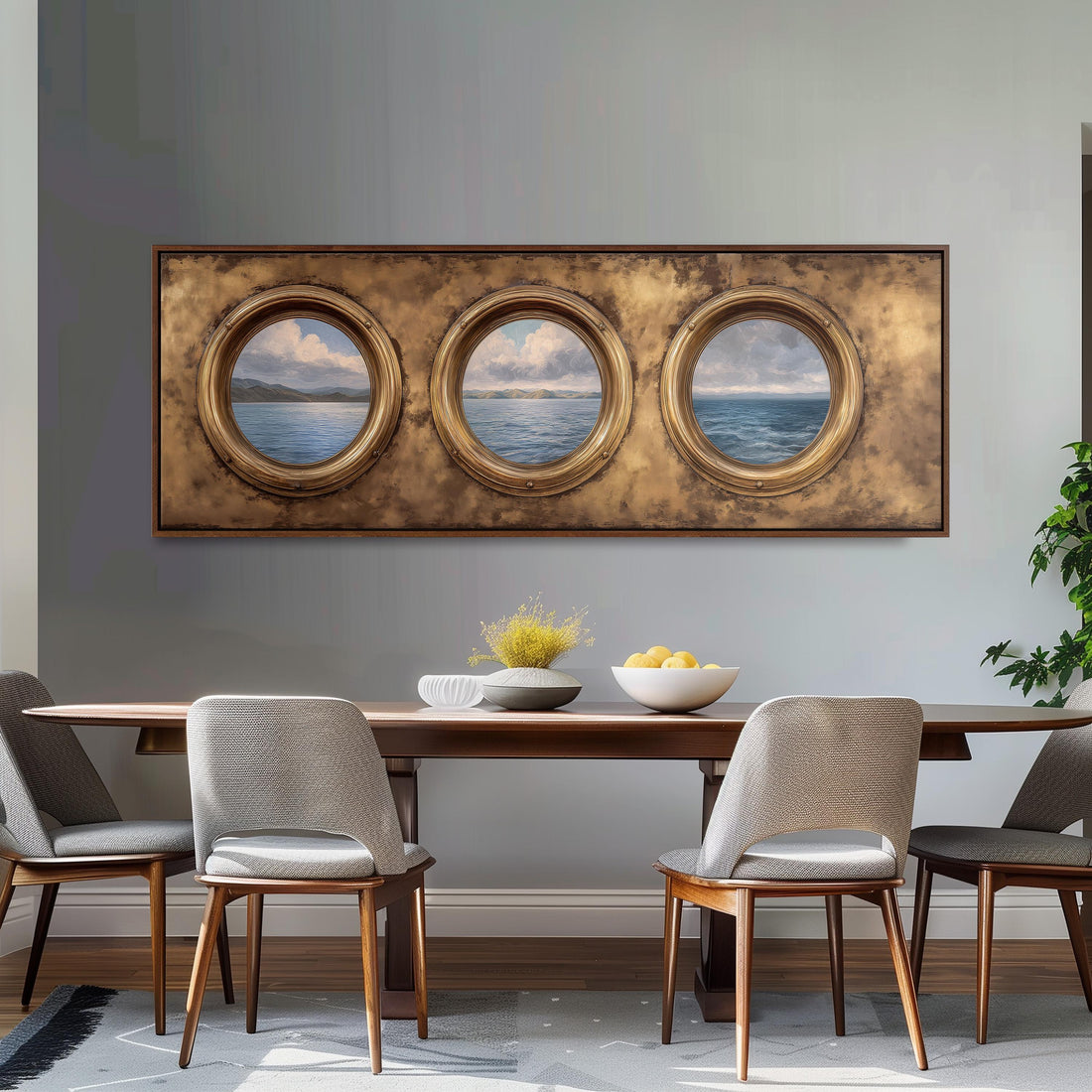 a dining room with a wooden table and three chairs. Above the table, there is a large framed picture with three circular windows, each depicting a different view of the ocean. The table is set with a bowl of fruit and a vase of flowers, creating a cozy and inviting atmosphere.