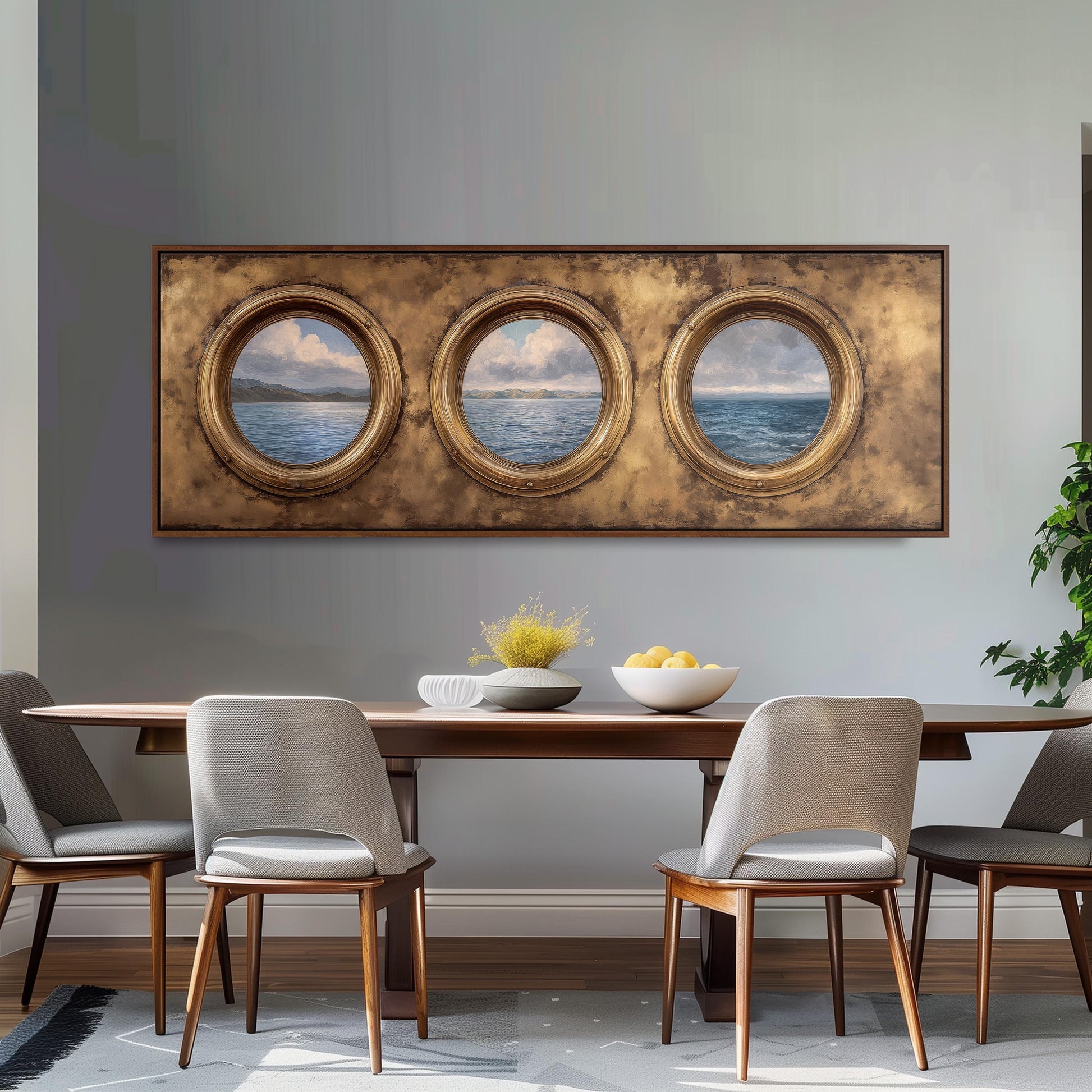 a dining room with a wooden table and three chairs. Above the table, there is a large framed picture with three circular windows, each depicting a different view of the ocean. The table is set with a bowl of fruit and a vase of flowers, creating a cozy and inviting atmosphere.