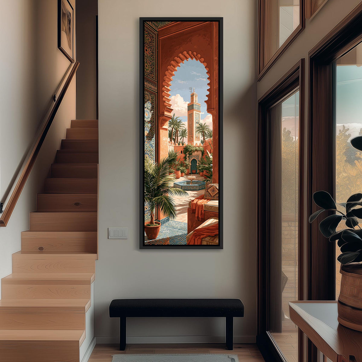 Moroccan courtyard and minaret through a terracotta arch tall narrow canvas print beside a staircase in an entryway