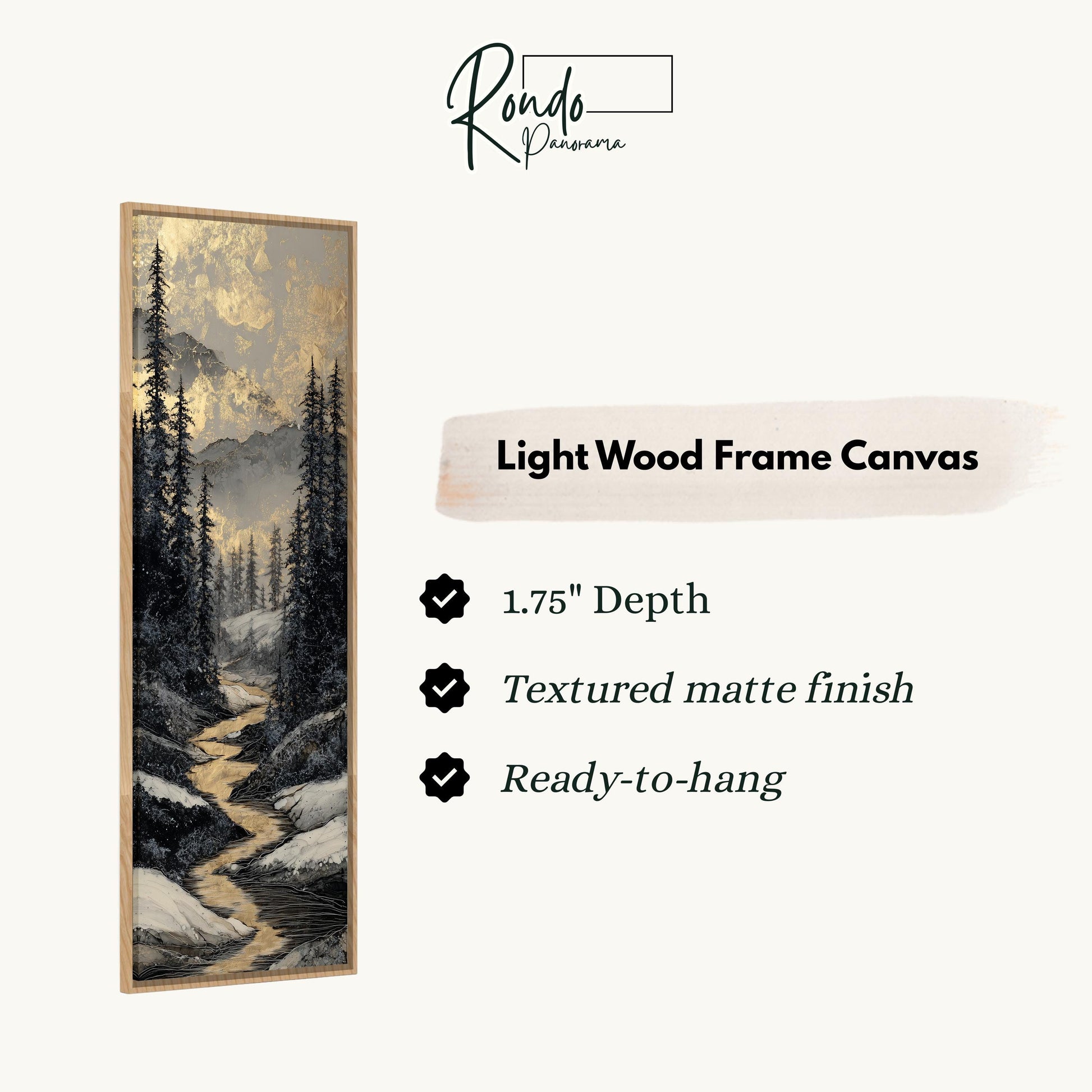 The image is a light wood frame canvas depicting a snowy forest landscape with a winding path.