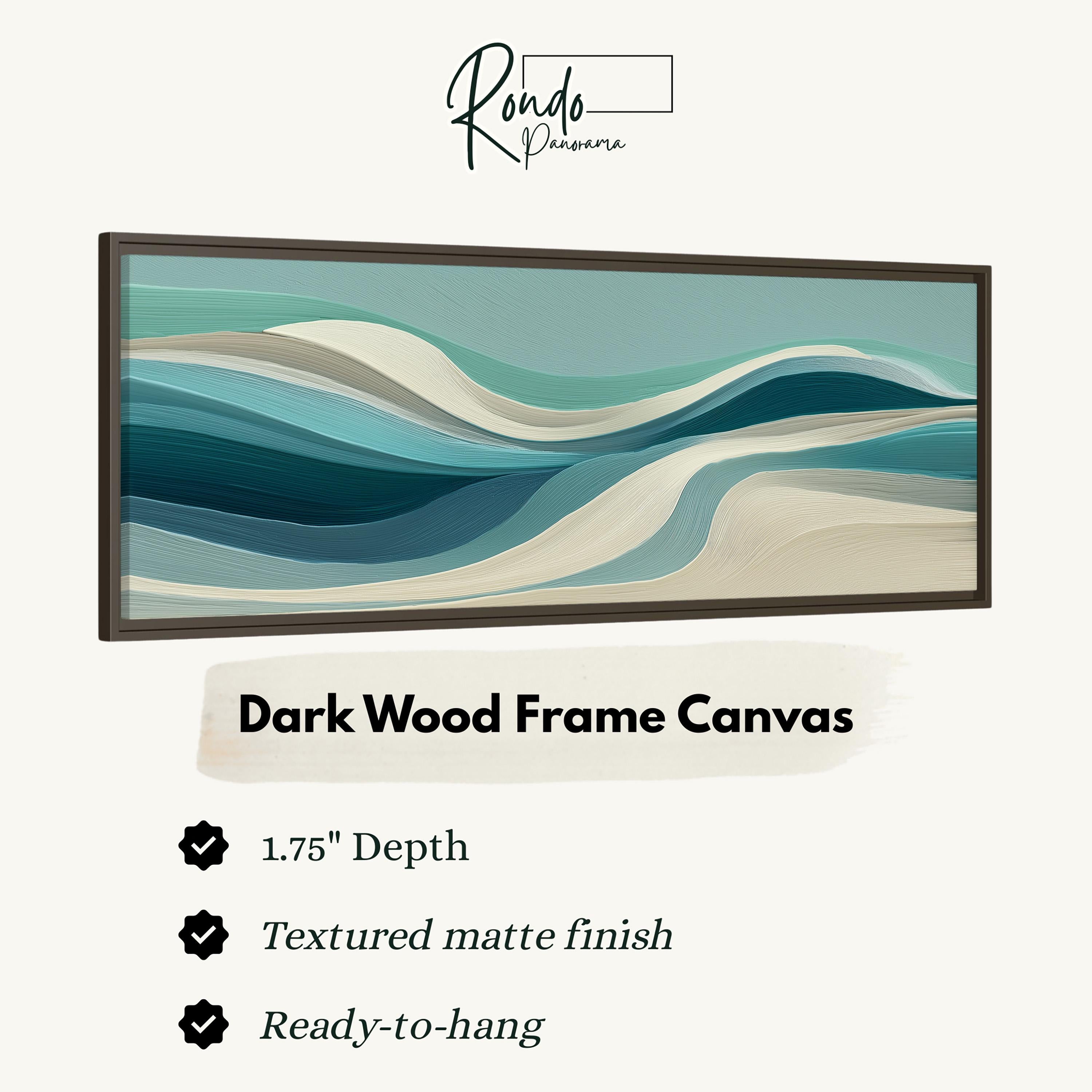 The image is a product advertisement for a dark wood frame canvas. It features a close-up of the canvas with a textured finish and a 1.75" depth. The canvas is described as textured matte finish and ready-to-hang.