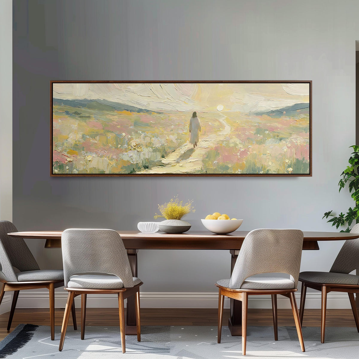 Jesus walking a pastel meadow path long horizontal canvas print above a dining table