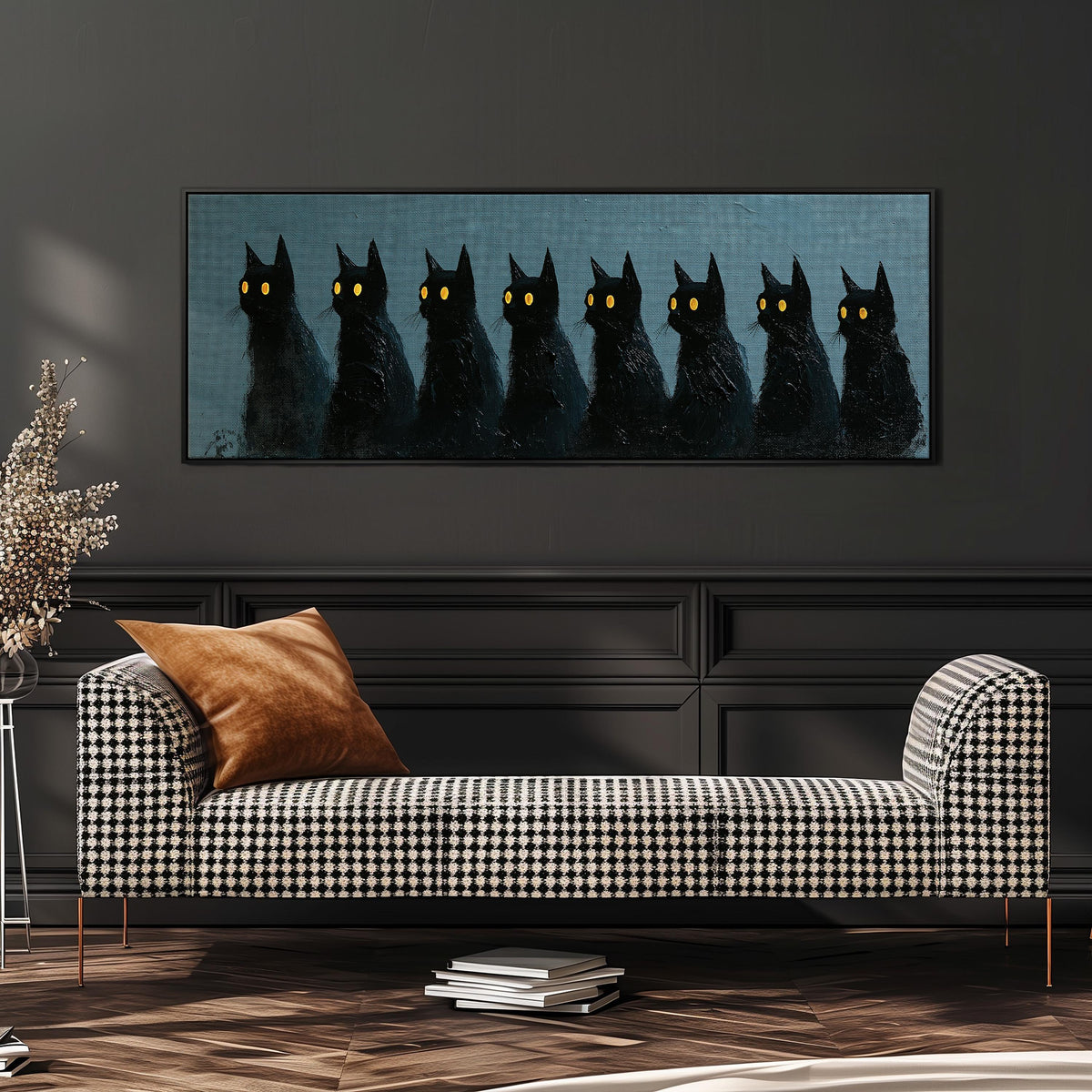 Row of black cats with glowing eyes wide panoramic canvas print above a bench in a dark living room