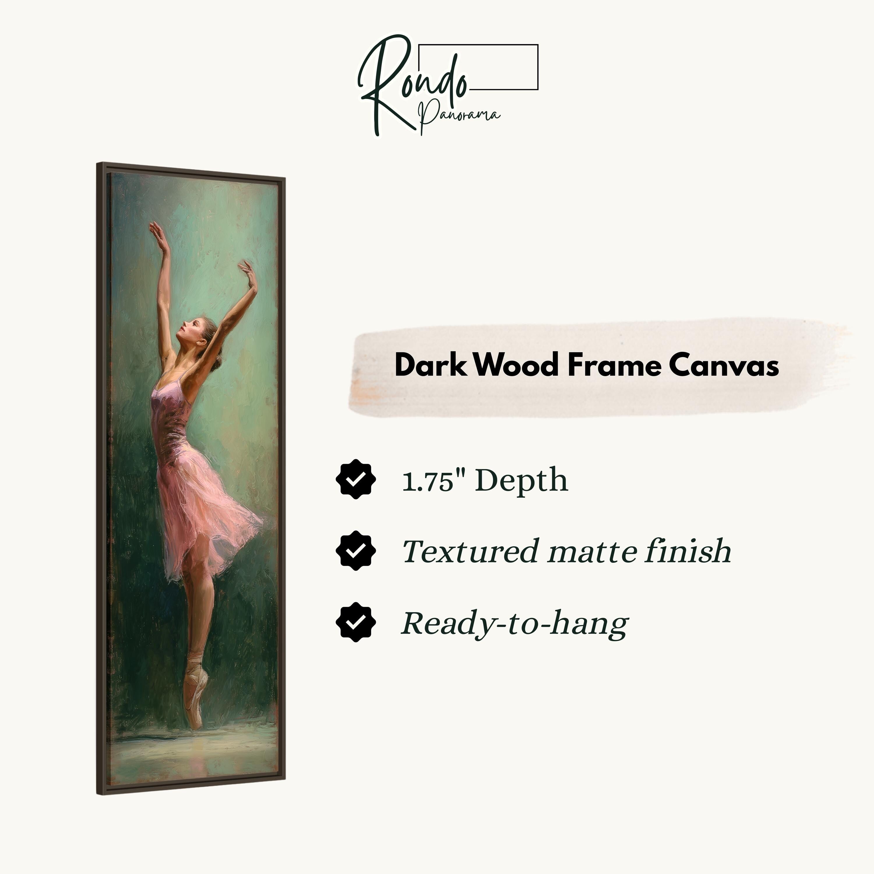 a painting of a woman in a pink dress with her arms raised, set against a dark wood frame.