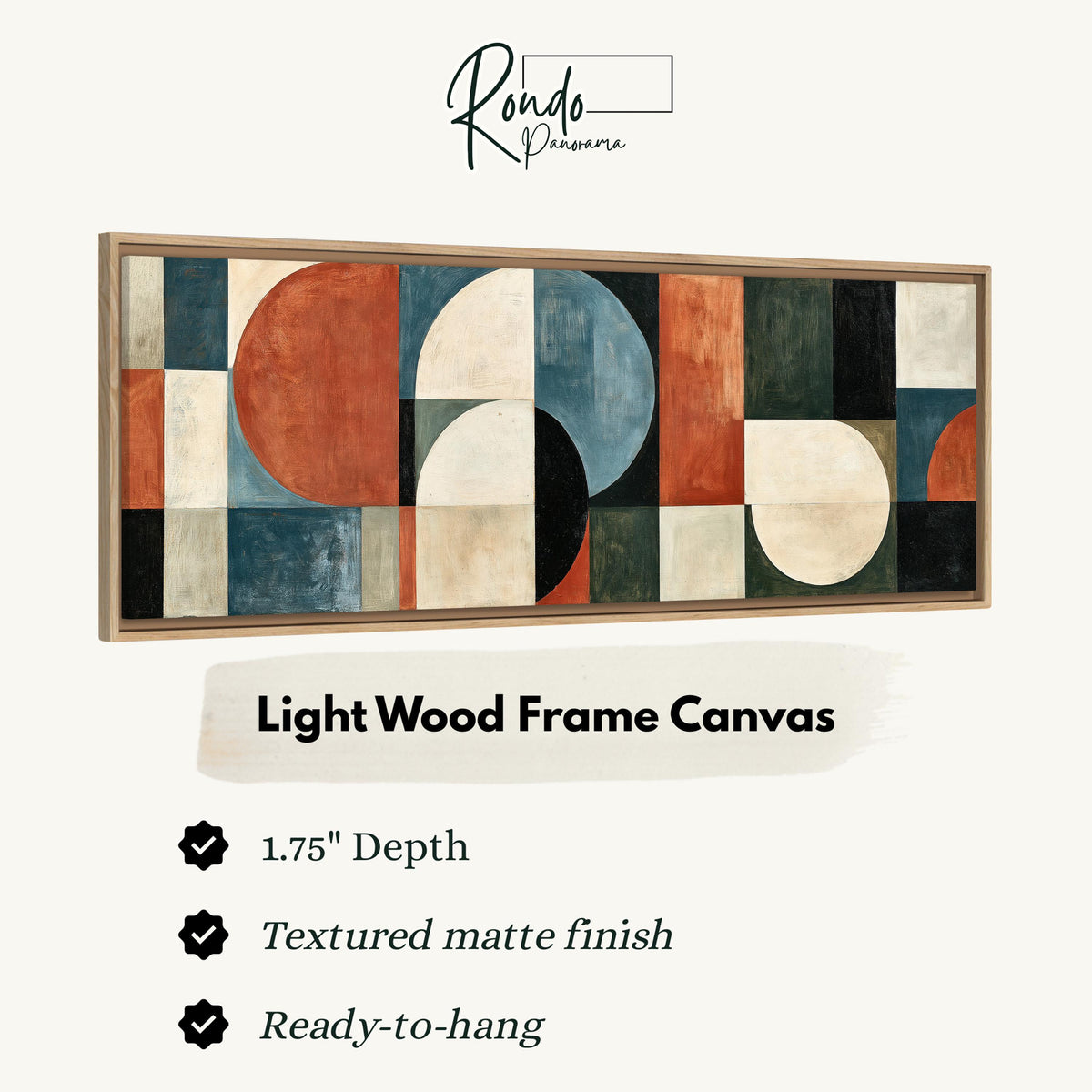 Rust and blue geometric arches and circles canvas print in a light wood floating frame