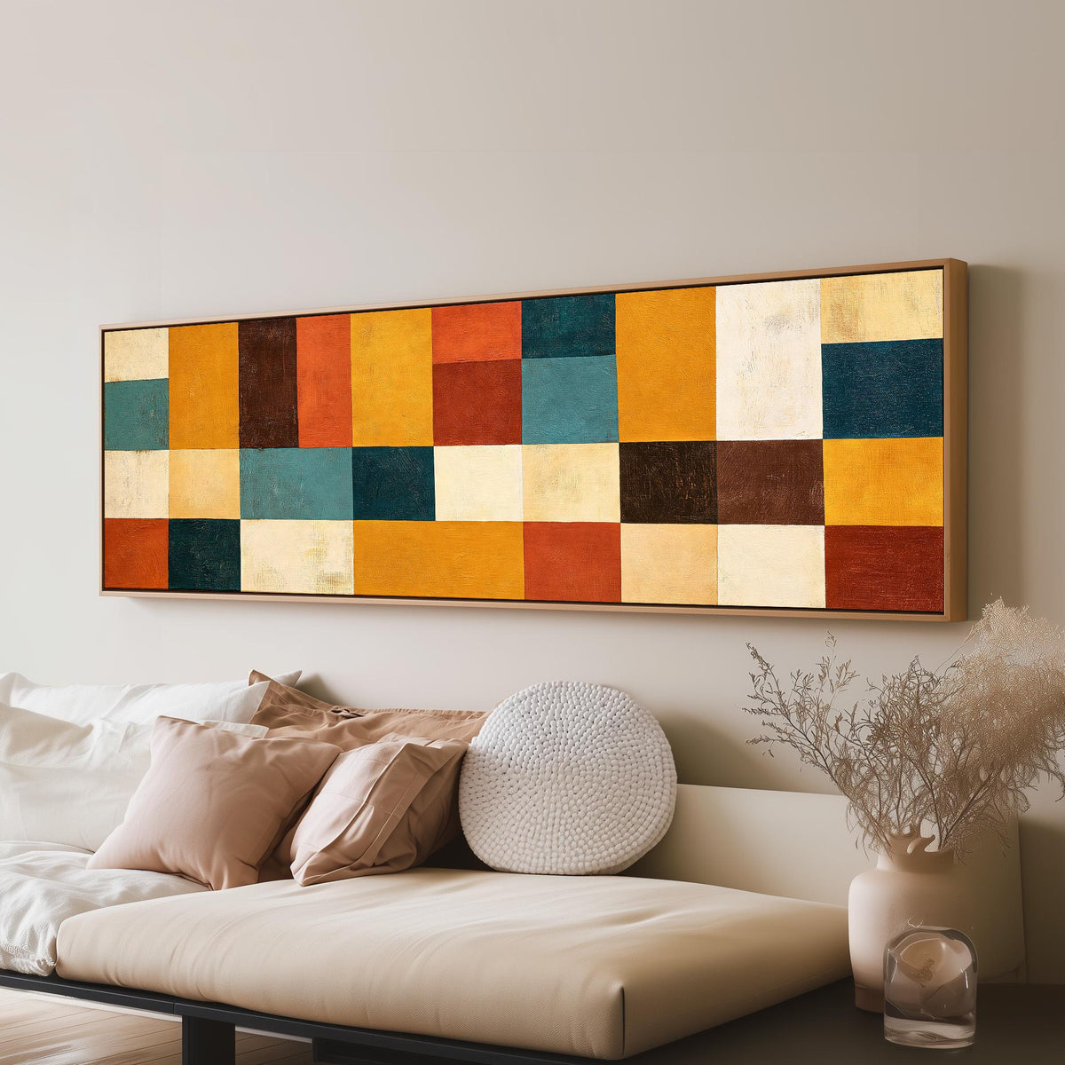 Ochre, rust and teal patchwork blocks panoramic canvas print above a sofa in a living room