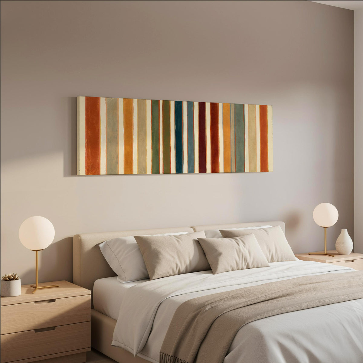 Rust, sage, maroon and teal stripes wide panoramic canvas print above a bed in a neutral bedroom