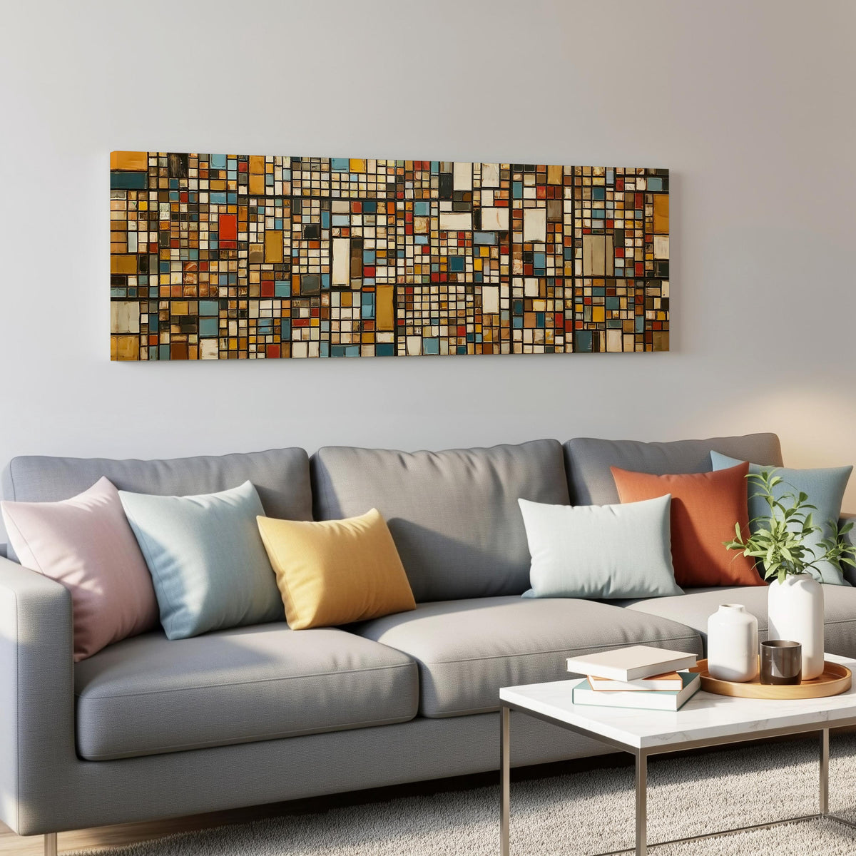 Ochre and blue mosaic tiles with red accents panoramic canvas print above a grey sofa in a living room