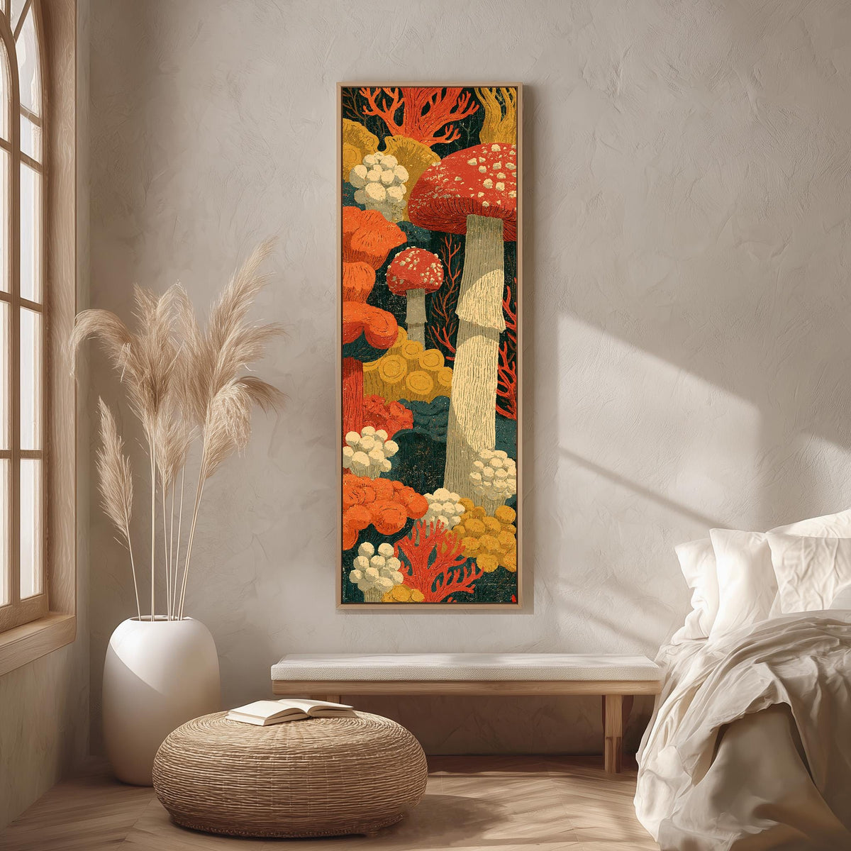 Woodcut style mushroom forest long vertical canvas print in a bright reading corner